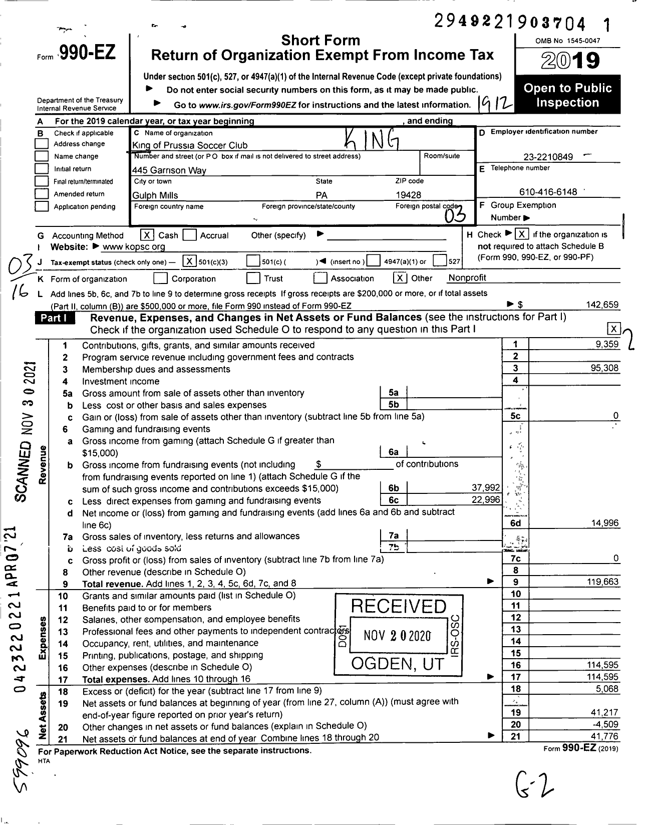 Image of first page of 2019 Form 990EZ for King of Prussia Soccer Club