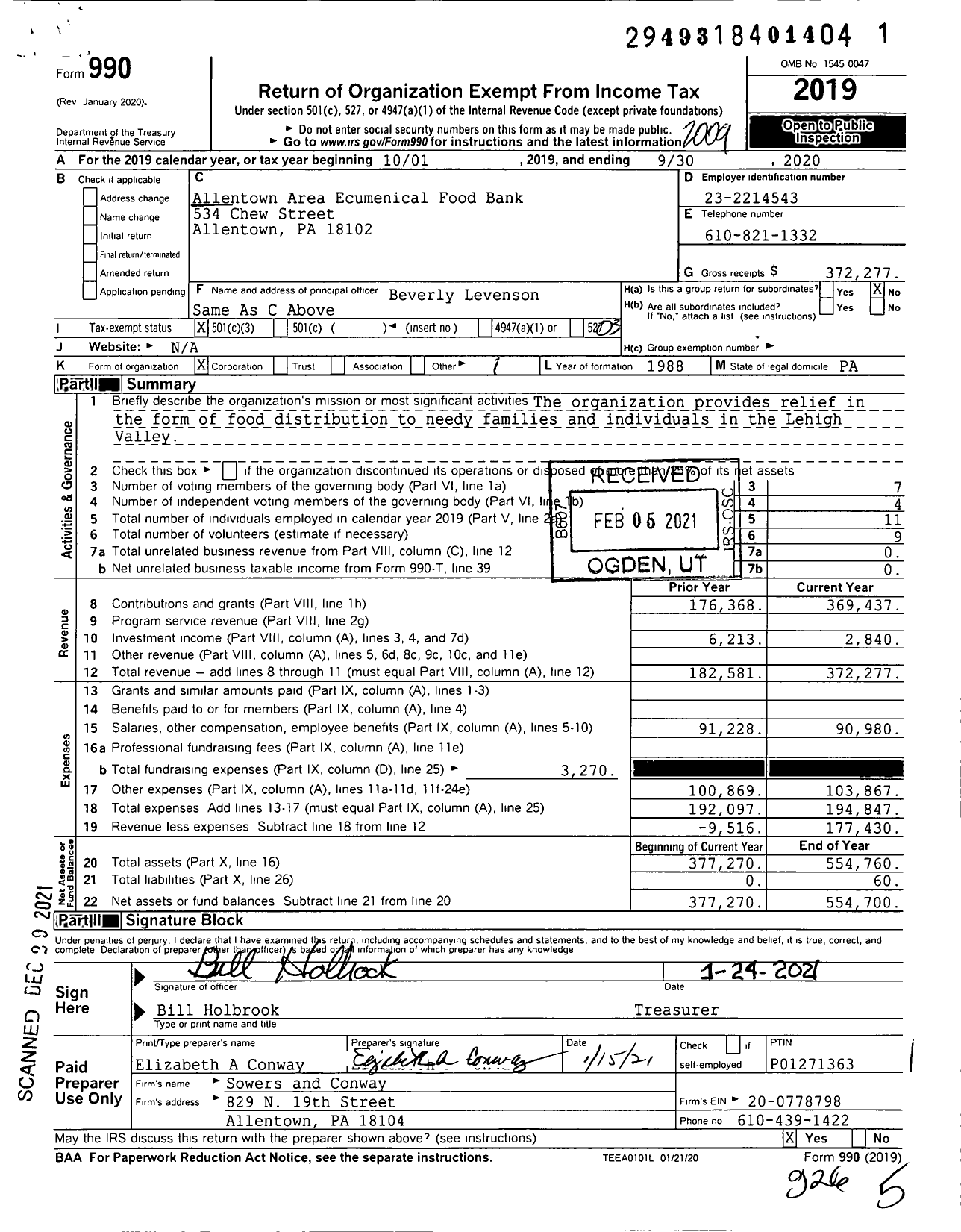 Image of first page of 2019 Form 990 for Allentown Area Ecumenical Food Bank