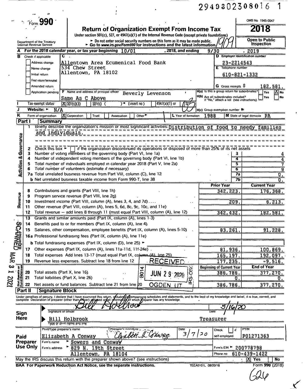 Image of first page of 2018 Form 990 for Allentown Area Ecumenical Food Bank