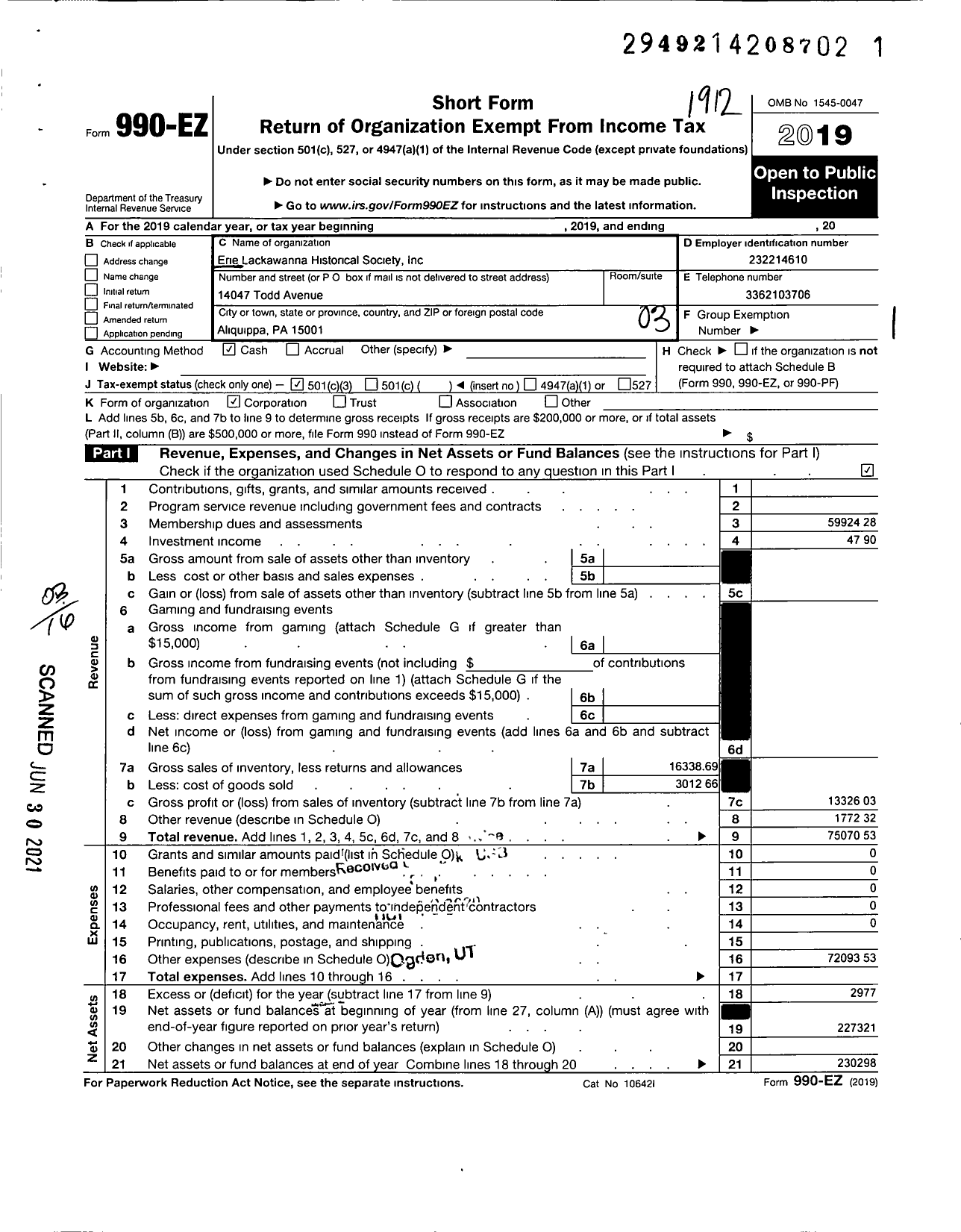 Image of first page of 2019 Form 990EZ for Erie Lackawanna Railroad Historical Society