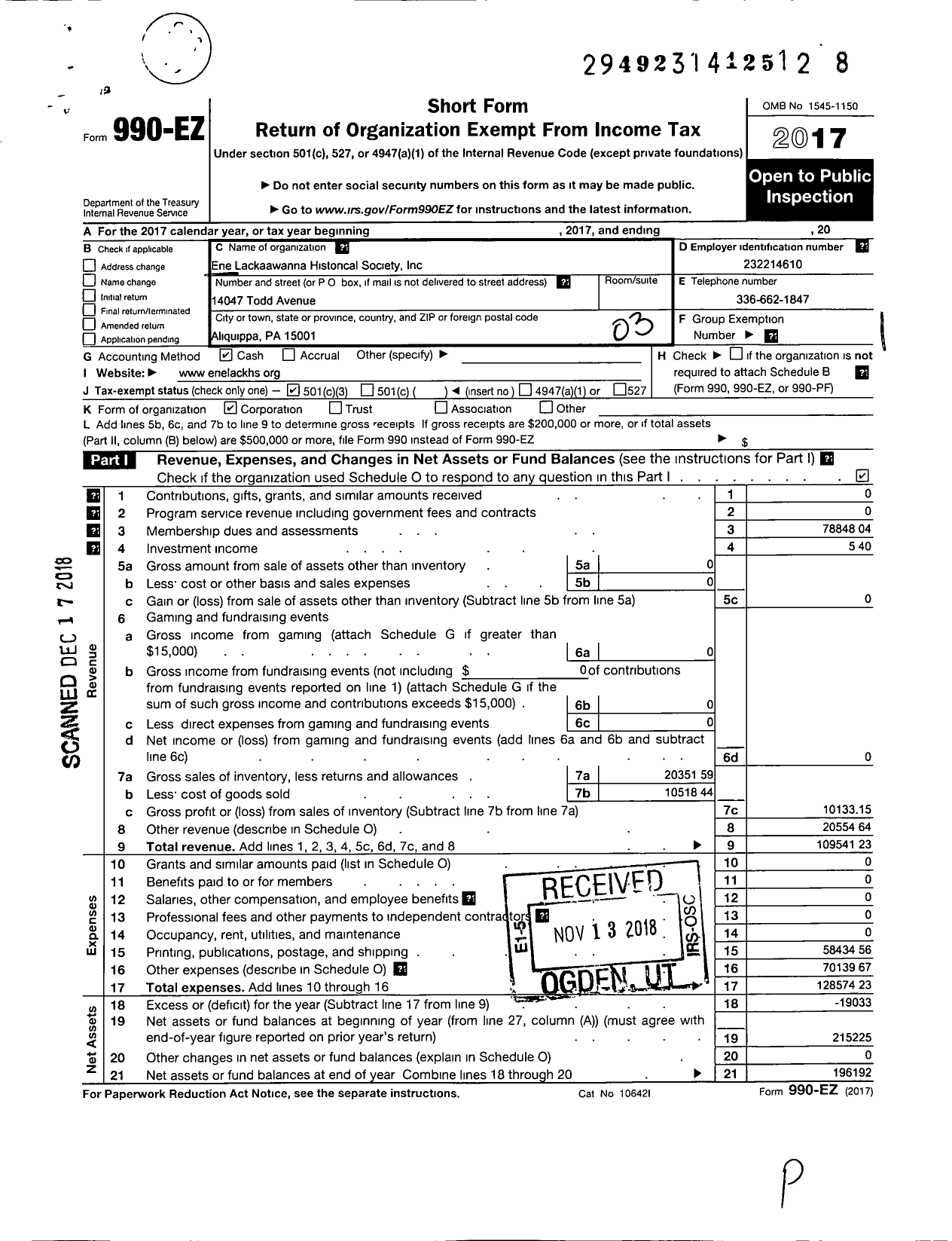 Image of first page of 2017 Form 990EZ for Erie Lackawanna Railroad Historical Society