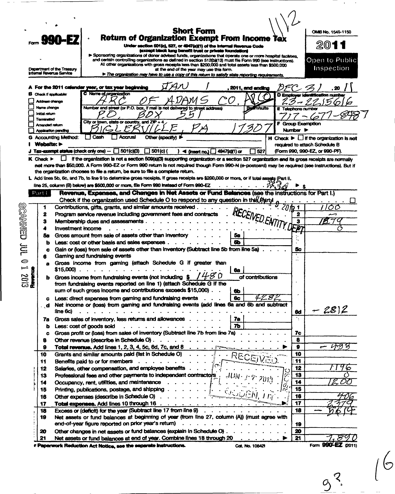 Image of first page of 2011 Form 990EO for Arc of Adams County