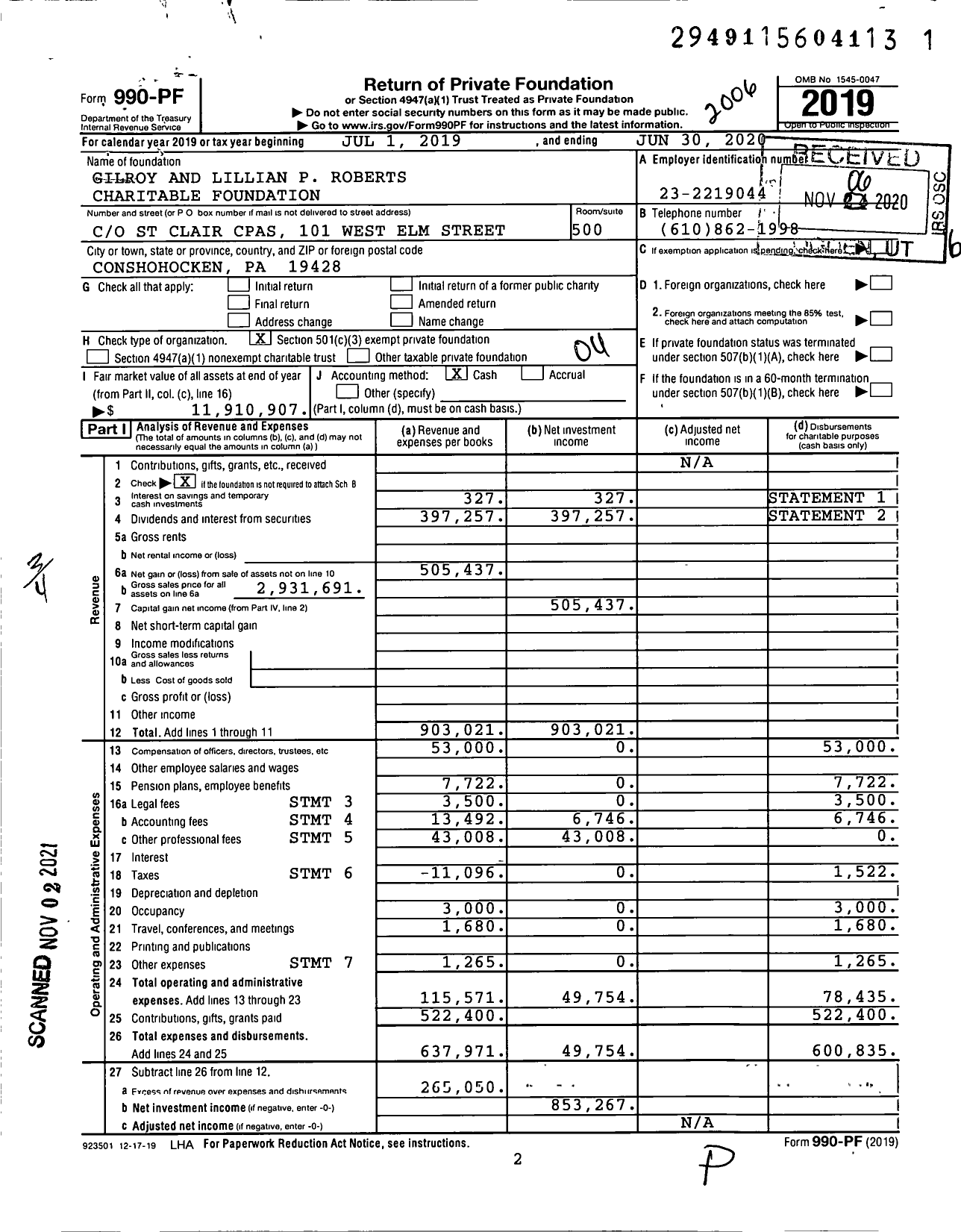 Image of first page of 2019 Form 990PF for Gilroy and Lillian P Roberts Charitable Foundation