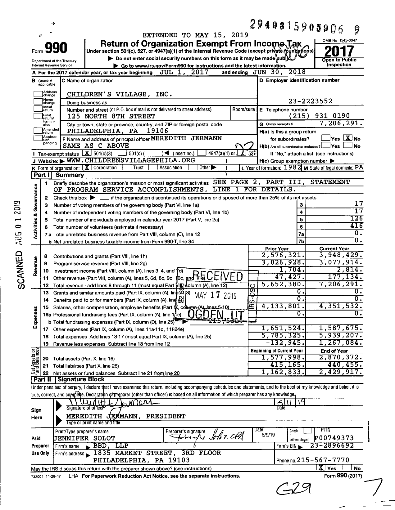 Image of first page of 2017 Form 990 for Children's Village