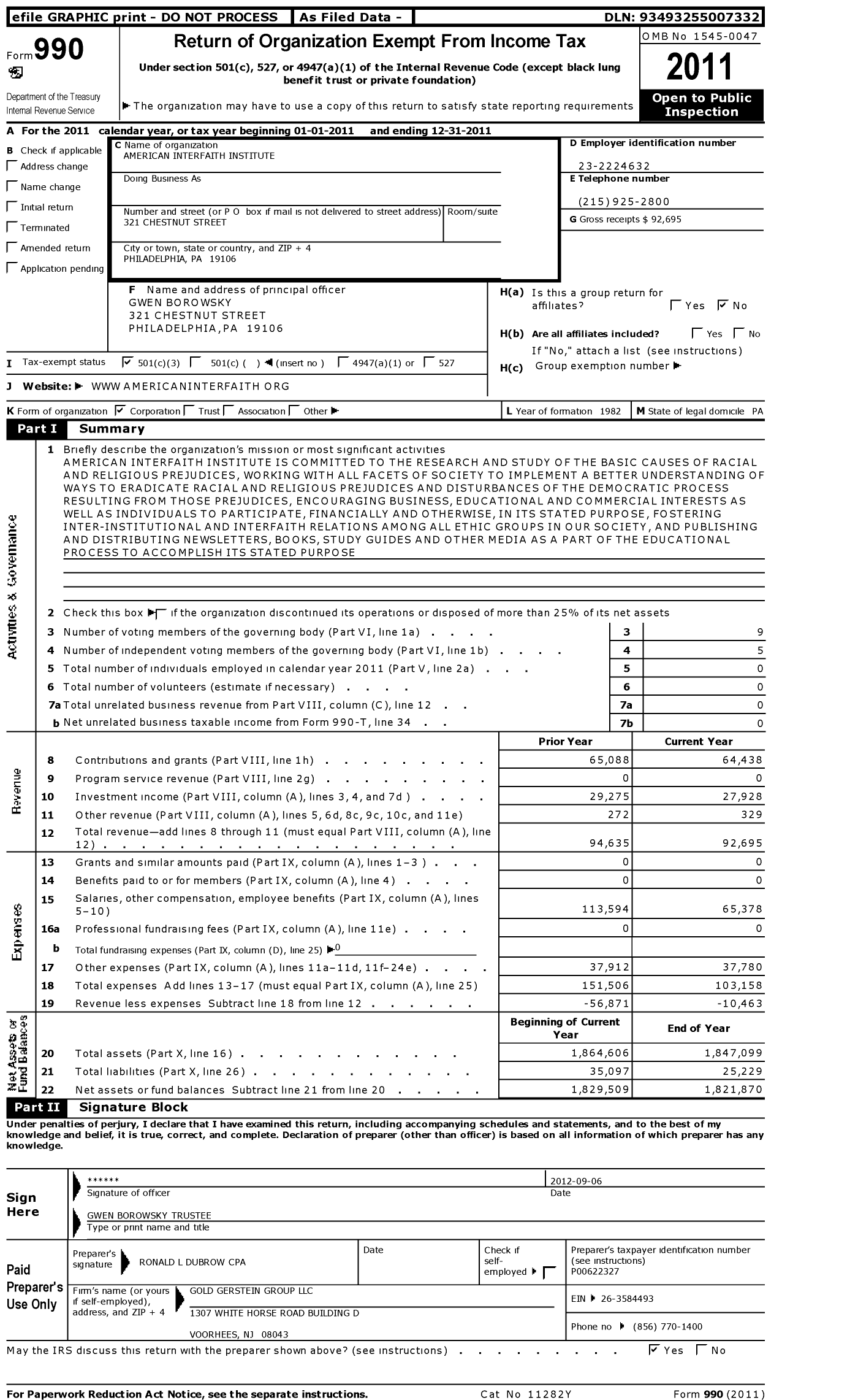 Image of first page of 2011 Form 990 for American Interfaith Institute