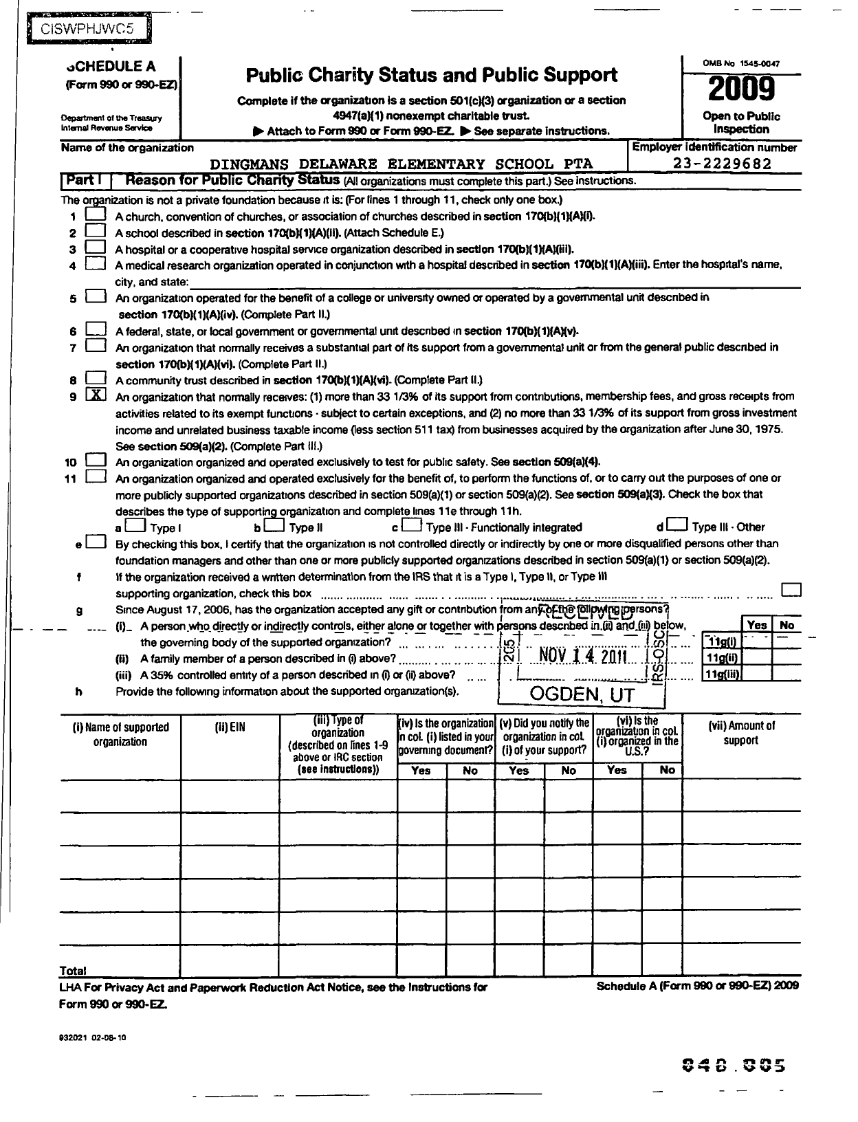 Image of first page of 2009 Form 990ER for PTA Pennsylvania Congress / Dingman Delaware Elementary PTA