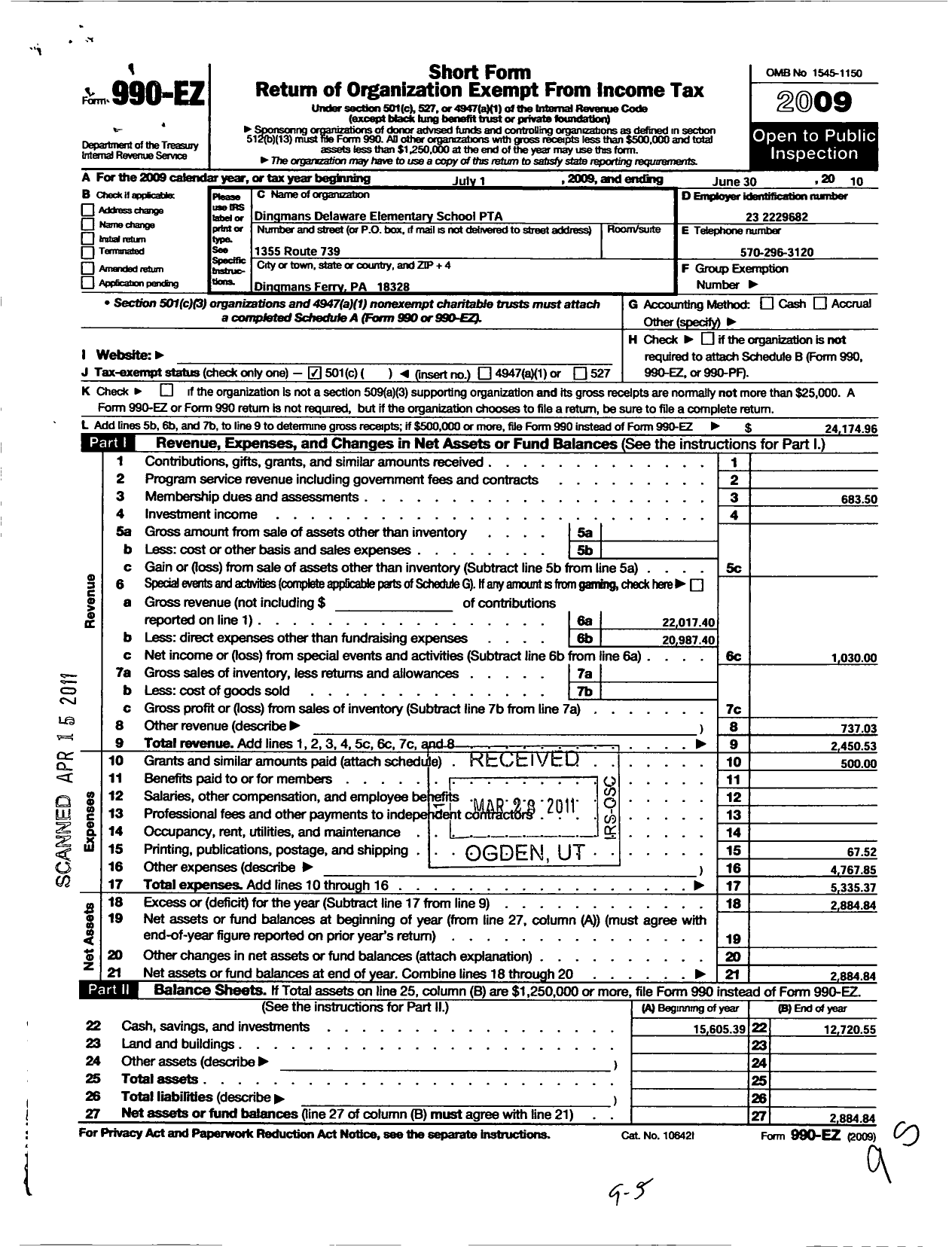 Image of first page of 2009 Form 990EO for PTA Pennsylvania Congress / Dingman Delaware Elementary PTA