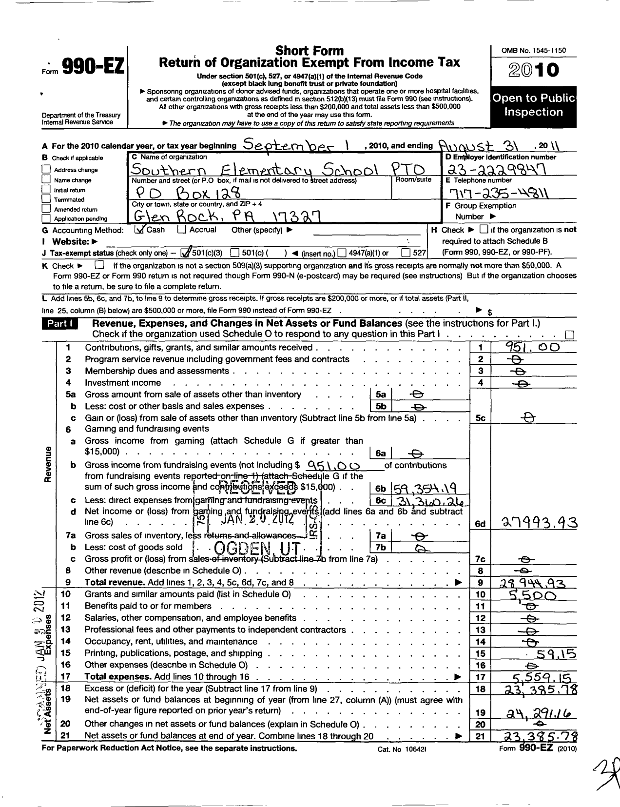 Image of first page of 2010 Form 990EZ for Southern Elementary School Pto