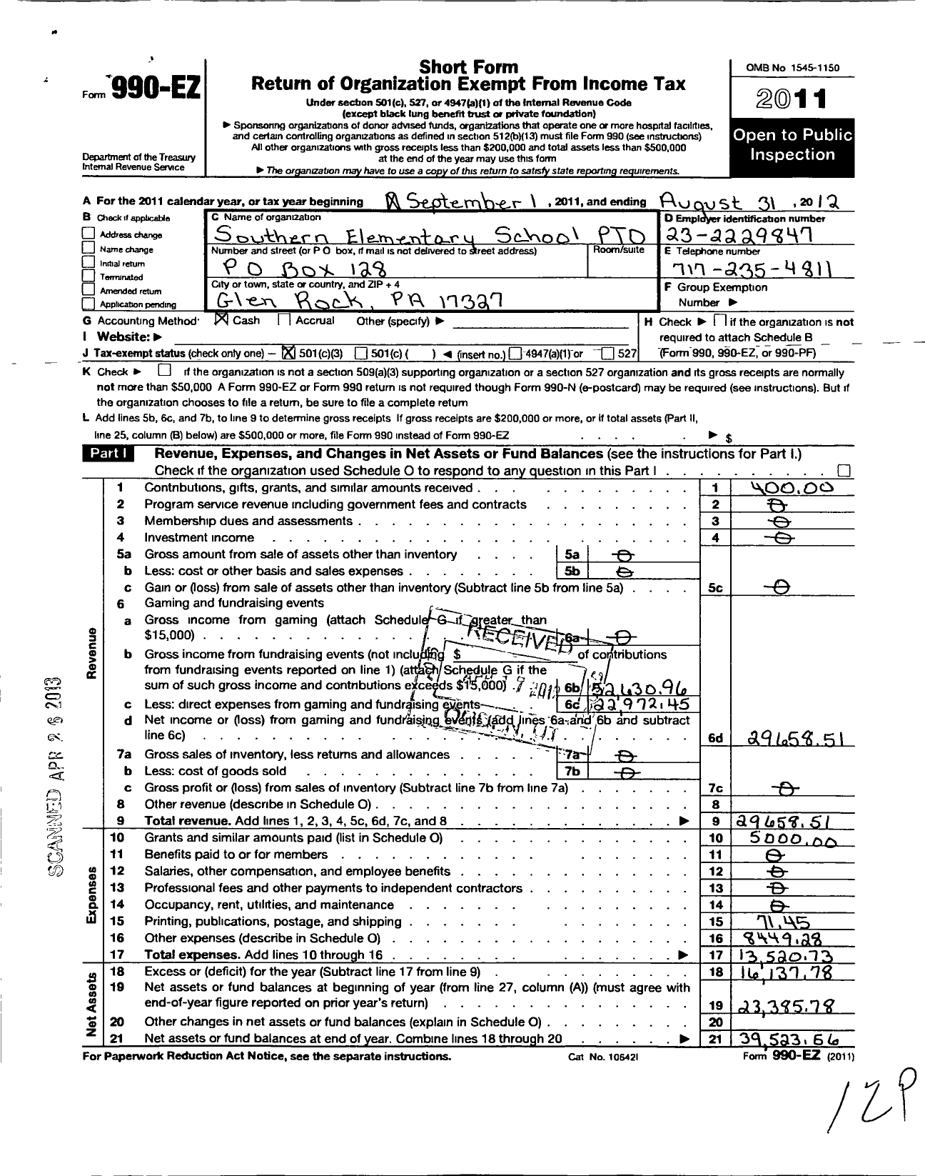 Image of first page of 2011 Form 990EZ for Southern Elementary School Pto