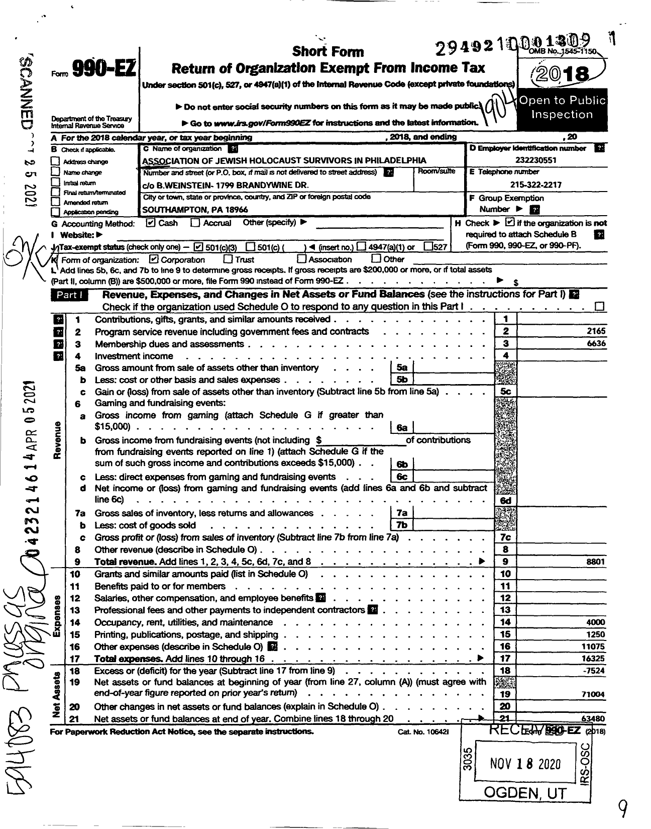 Image of first page of 2018 Form 990EZ for Association of Jewish Holocaust Survivors of Philadelphia