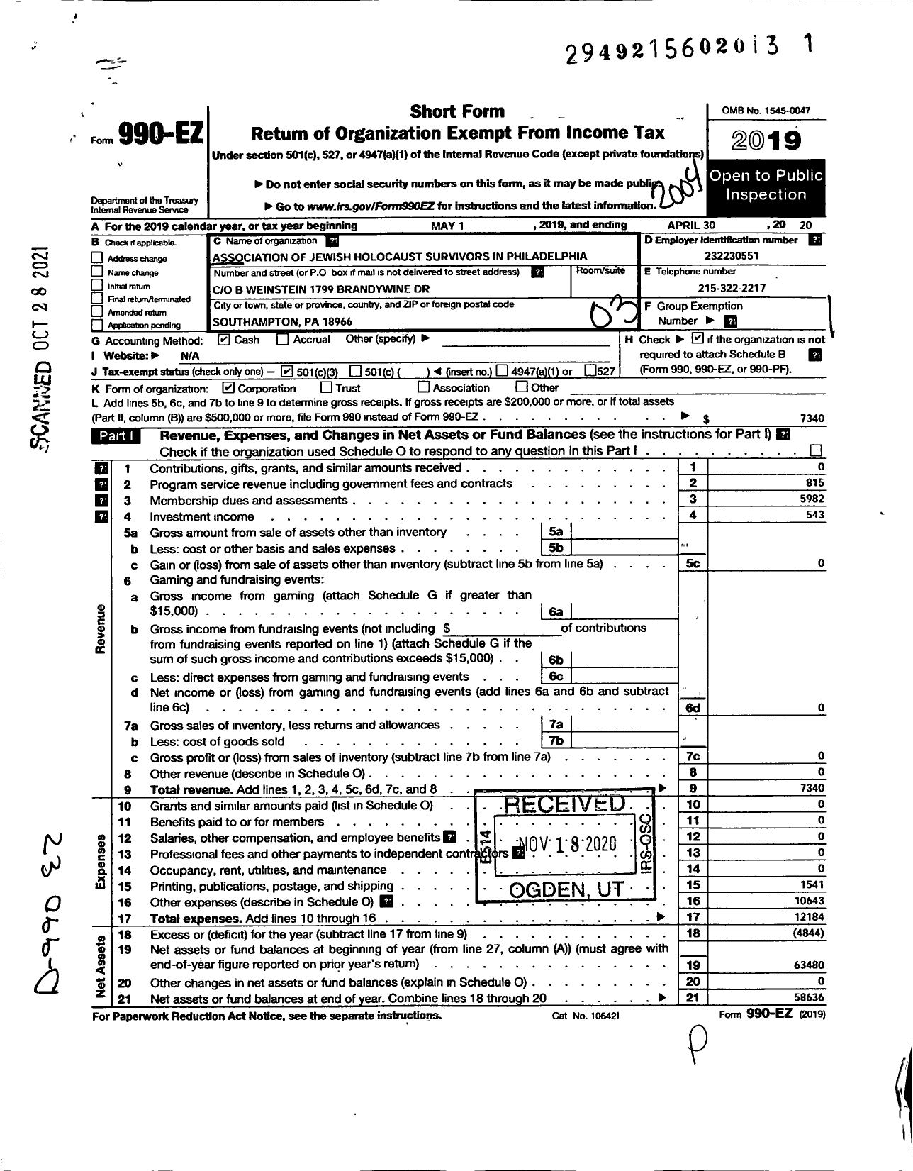 Image of first page of 2019 Form 990EZ for Association of Jewish Holocaust Survivors of Philadelphia