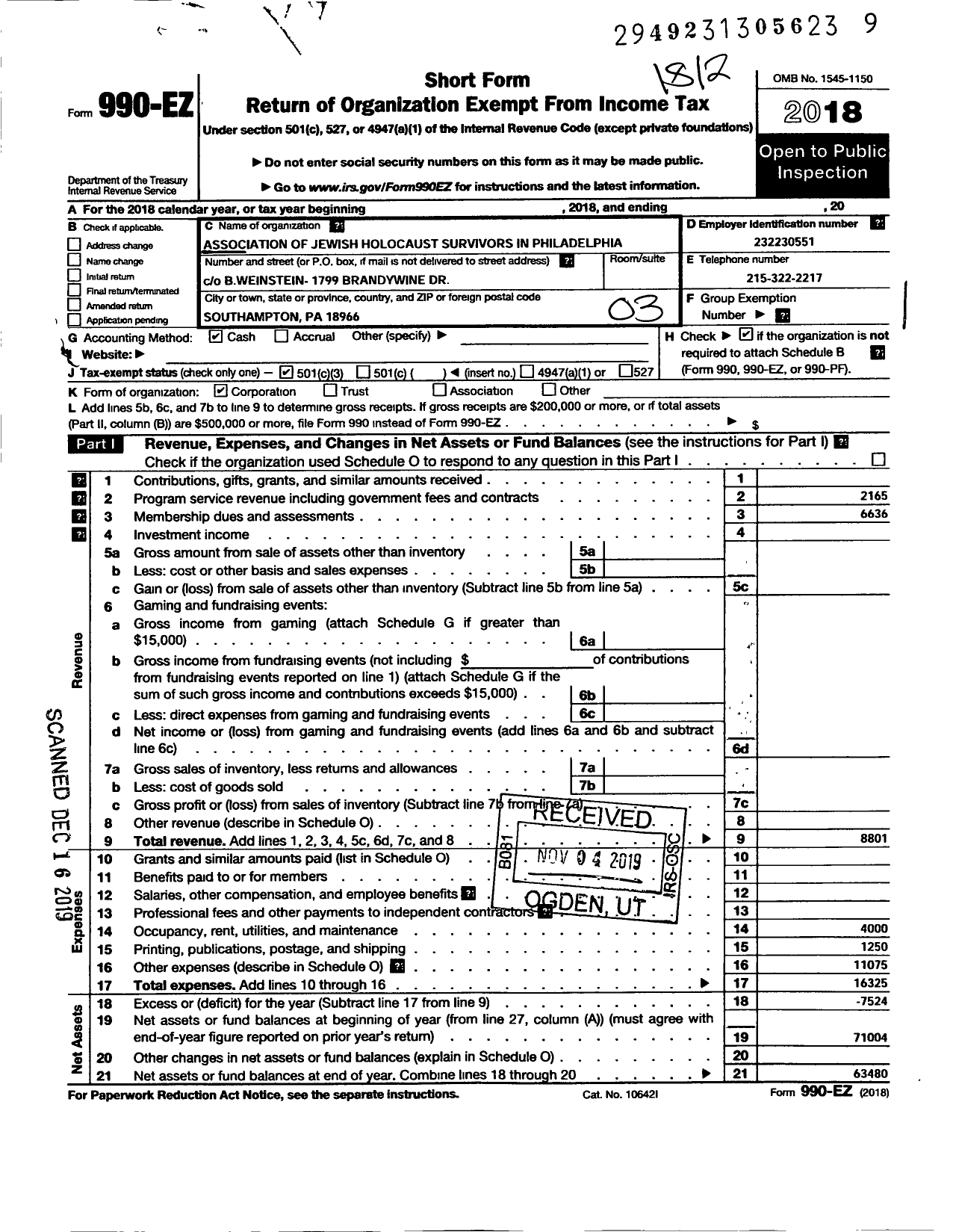 Image of first page of 2018 Form 990EZ for Association of Jewish Holocaust Survivors of Philadelphia