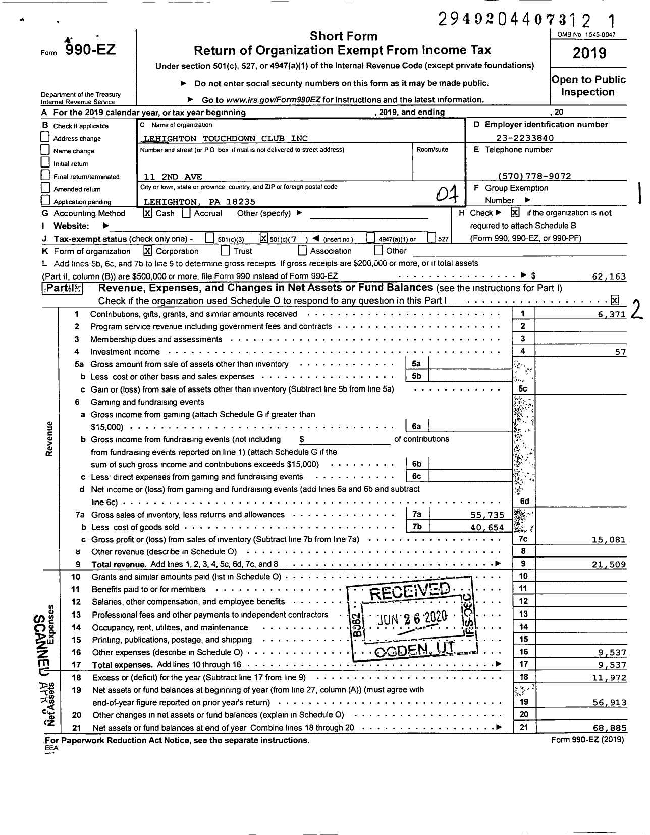 Image of first page of 2019 Form 990EO for Lehighton Touchdown Club