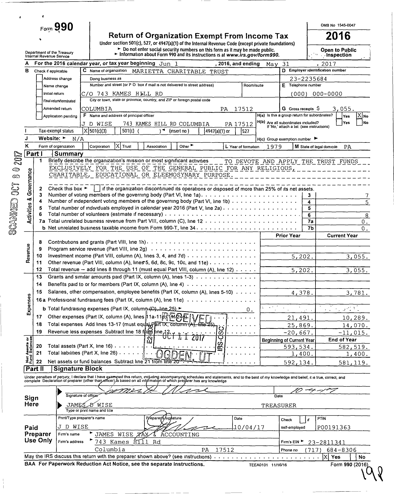 Image of first page of 2016 Form 990 for Marietta Charitable Trust
