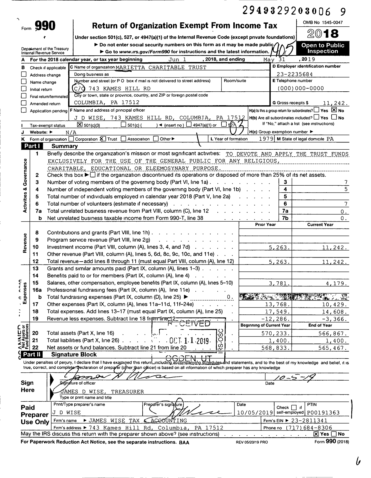 Image of first page of 2018 Form 990 for Marietta Charitable Trust
