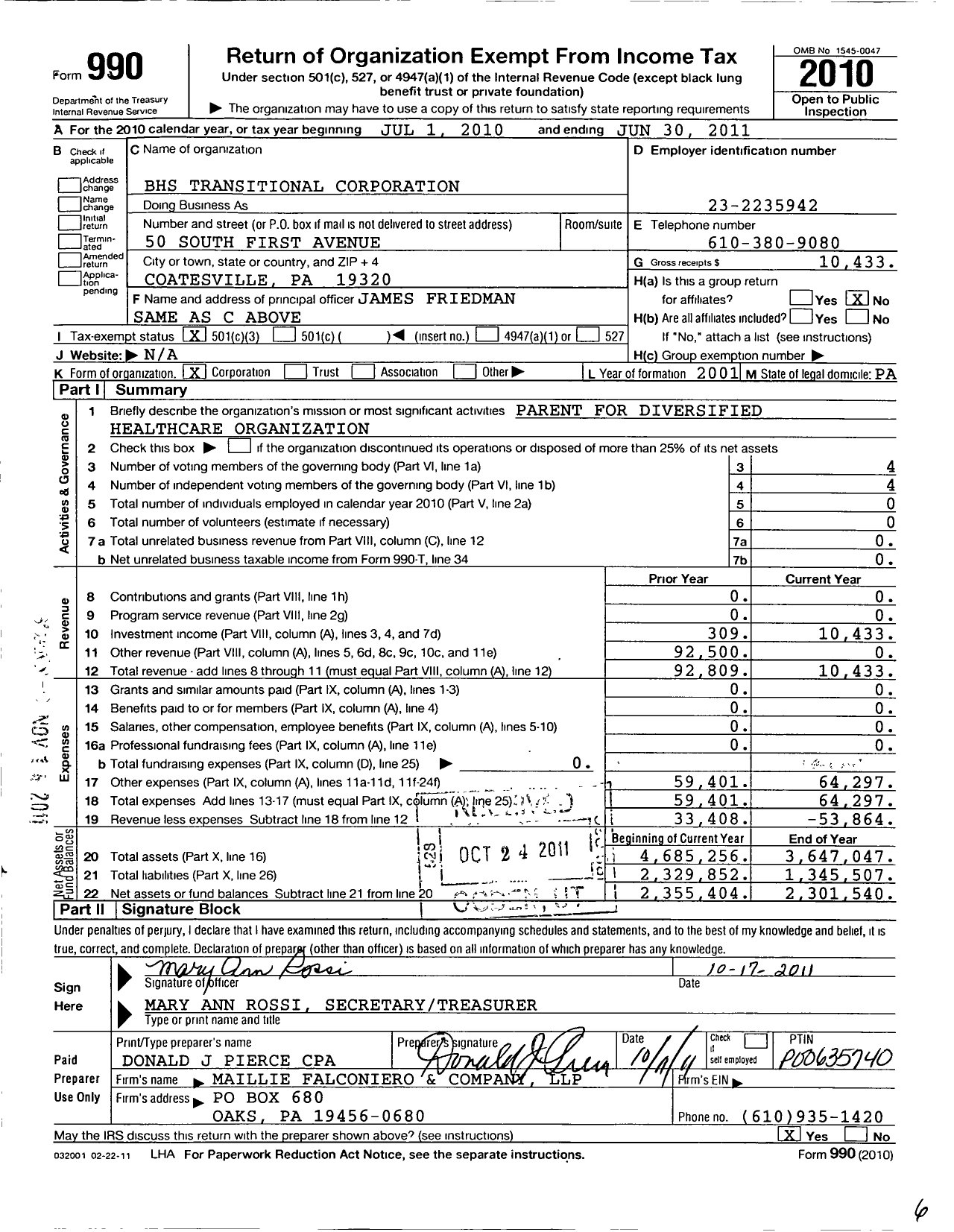 Image of first page of 2010 Form 990 for BHS Transitional Corporation