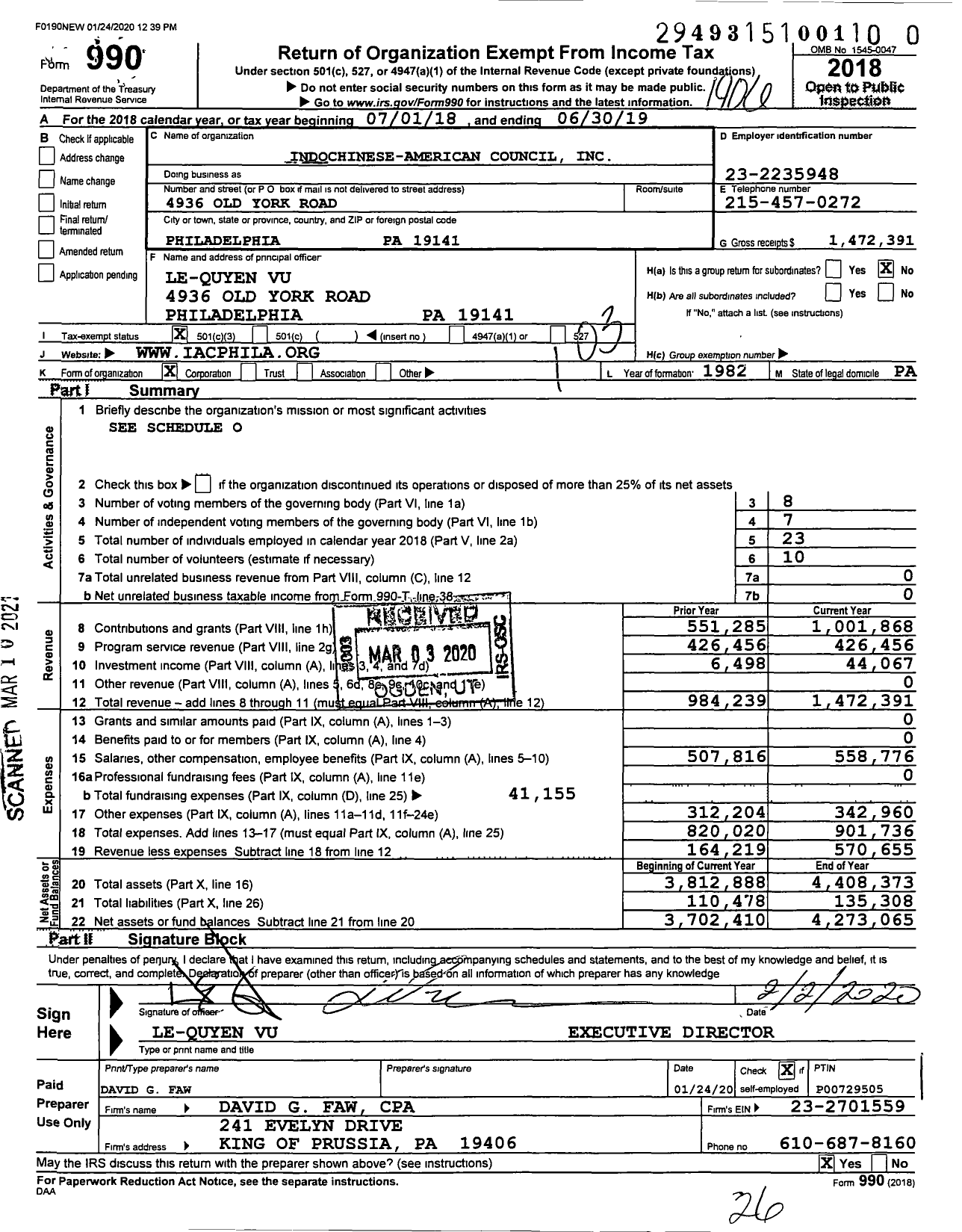 Image of first page of 2018 Form 990 for Indochinese-American Council