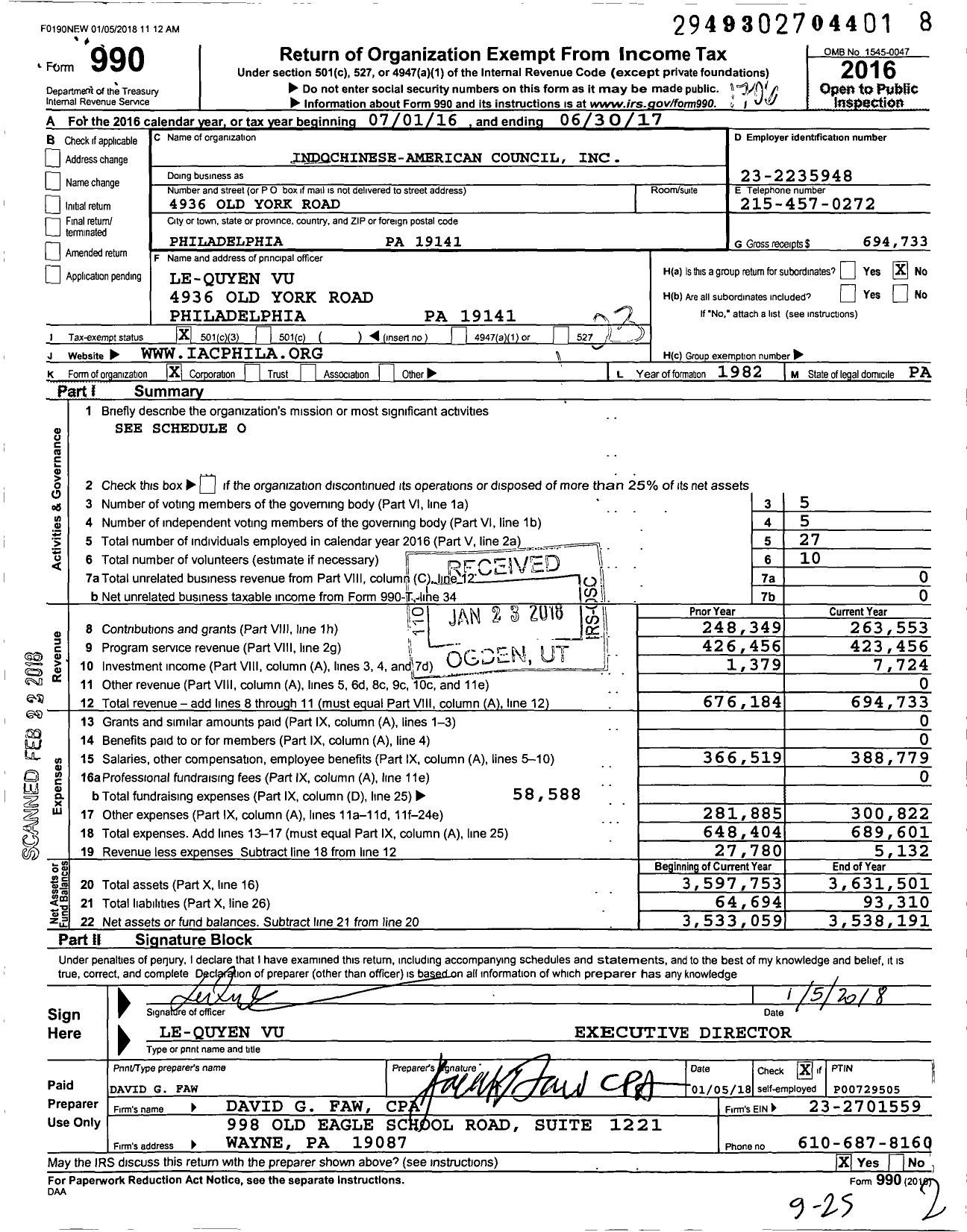 Image of first page of 2016 Form 990 for Indochinese-American Council