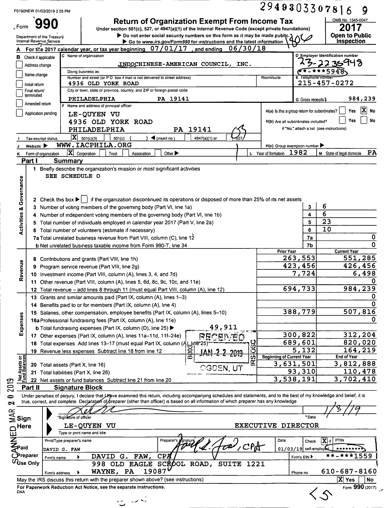 Image of first page of 2017 Form 990 for Indochinese-American Council