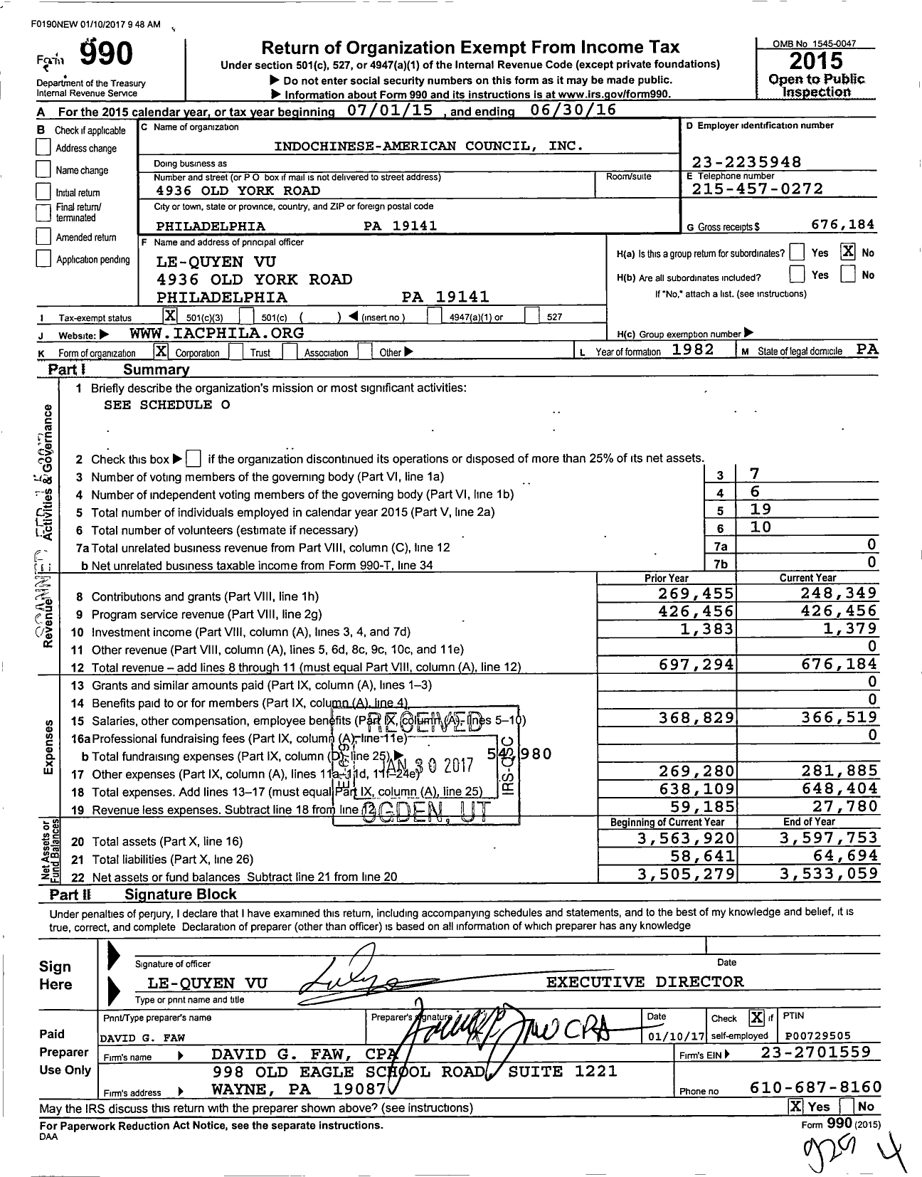 Image of first page of 2015 Form 990 for Indochinese-American Council