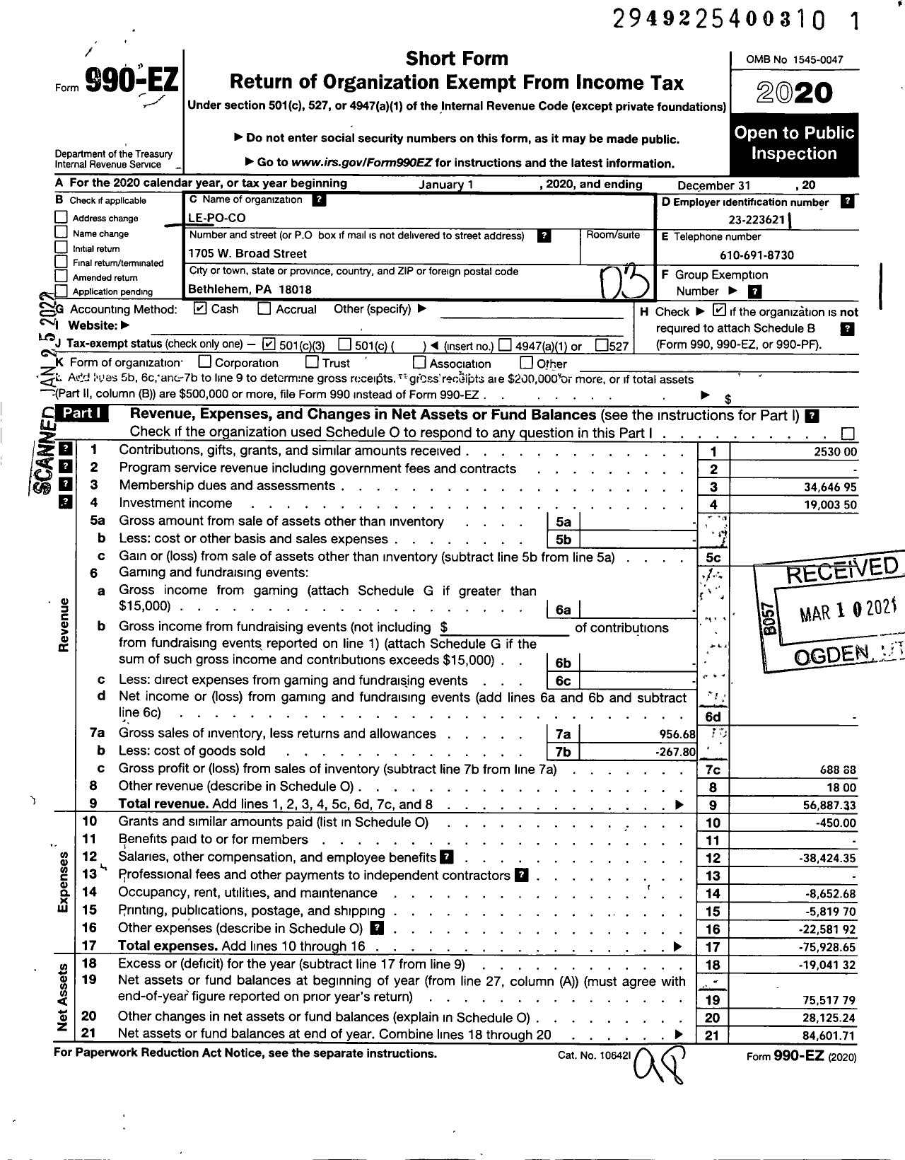 Image of first page of 2020 Form 990EZ for Le-Po-Co