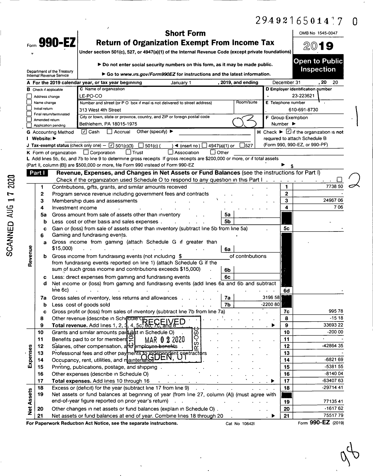 Image of first page of 2019 Form 990EZ for Le-Po-Co