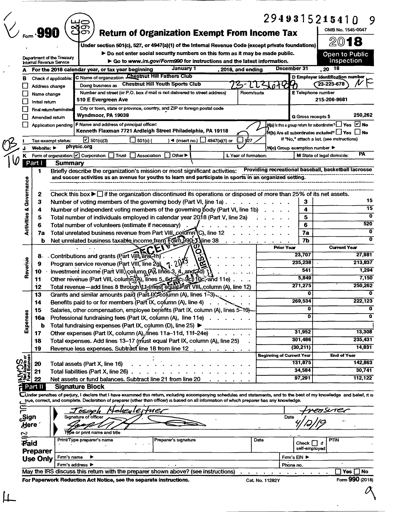 Image of first page of 2018 Form 990 for Chestnut Hill Youth Sports Club