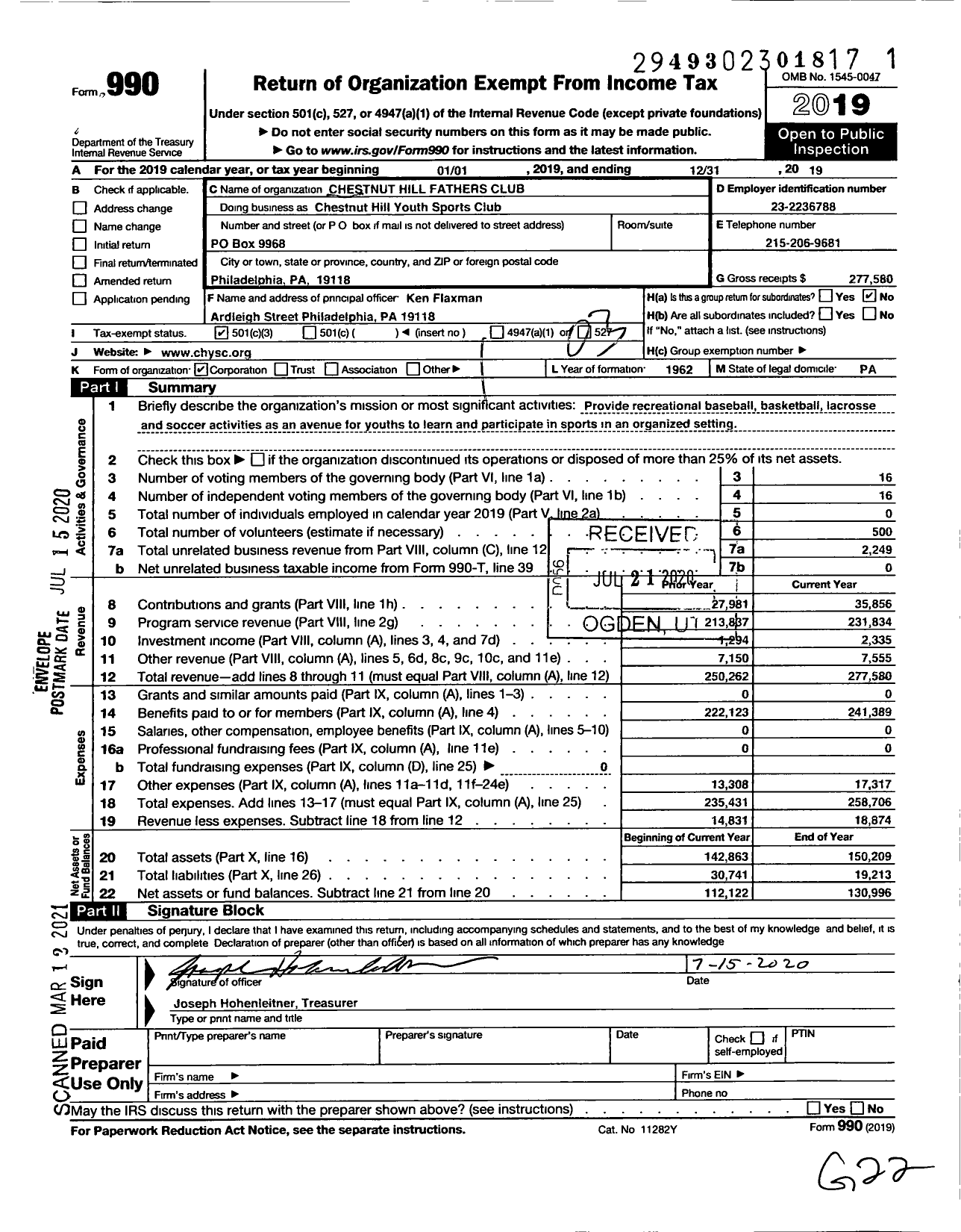 Image of first page of 2019 Form 990 for Chestnut Hill Youth Sports Club