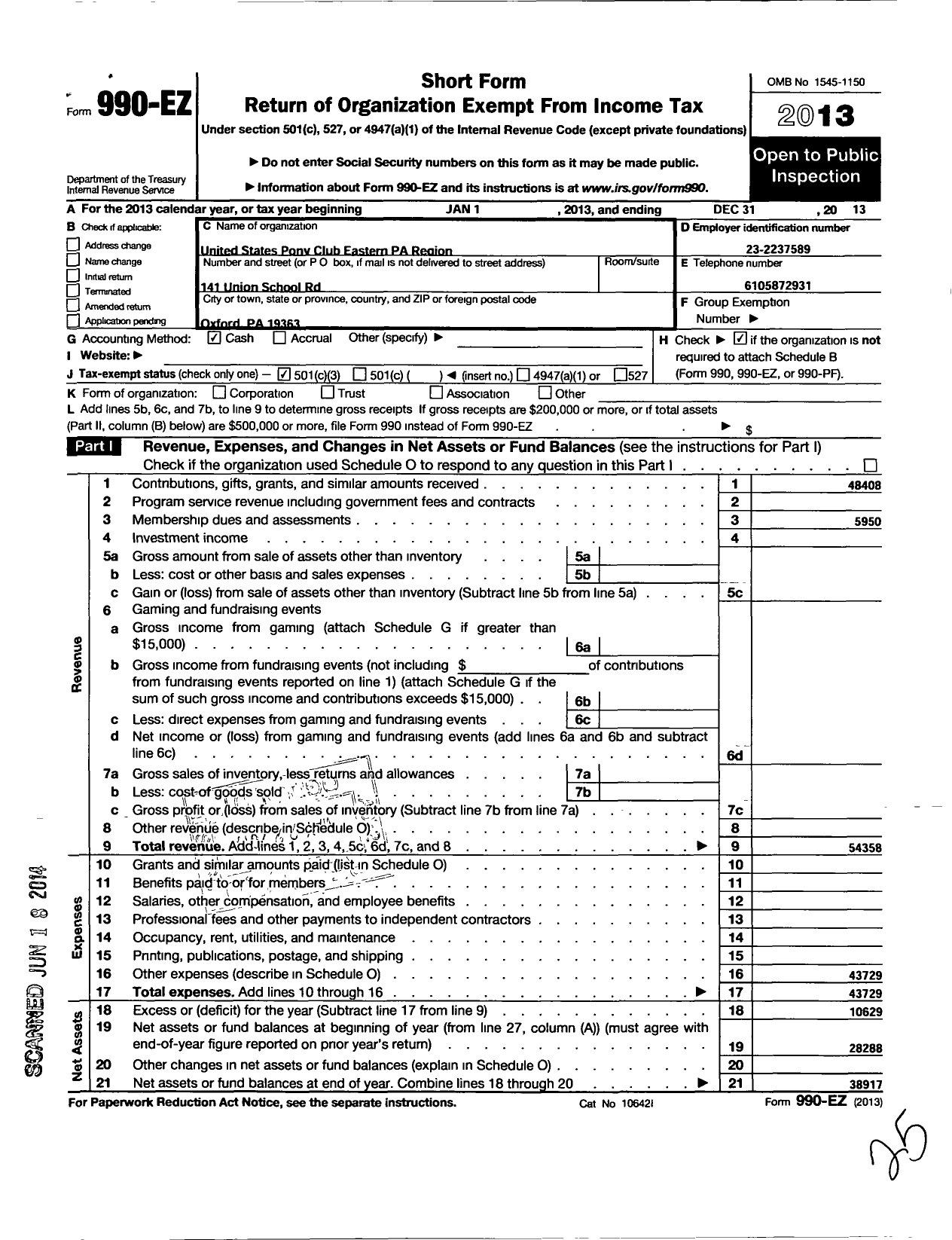 Image of first page of 2013 Form 990EZ for UNITED STATES PONY CLUBS / Eastern Pennsylvania Region