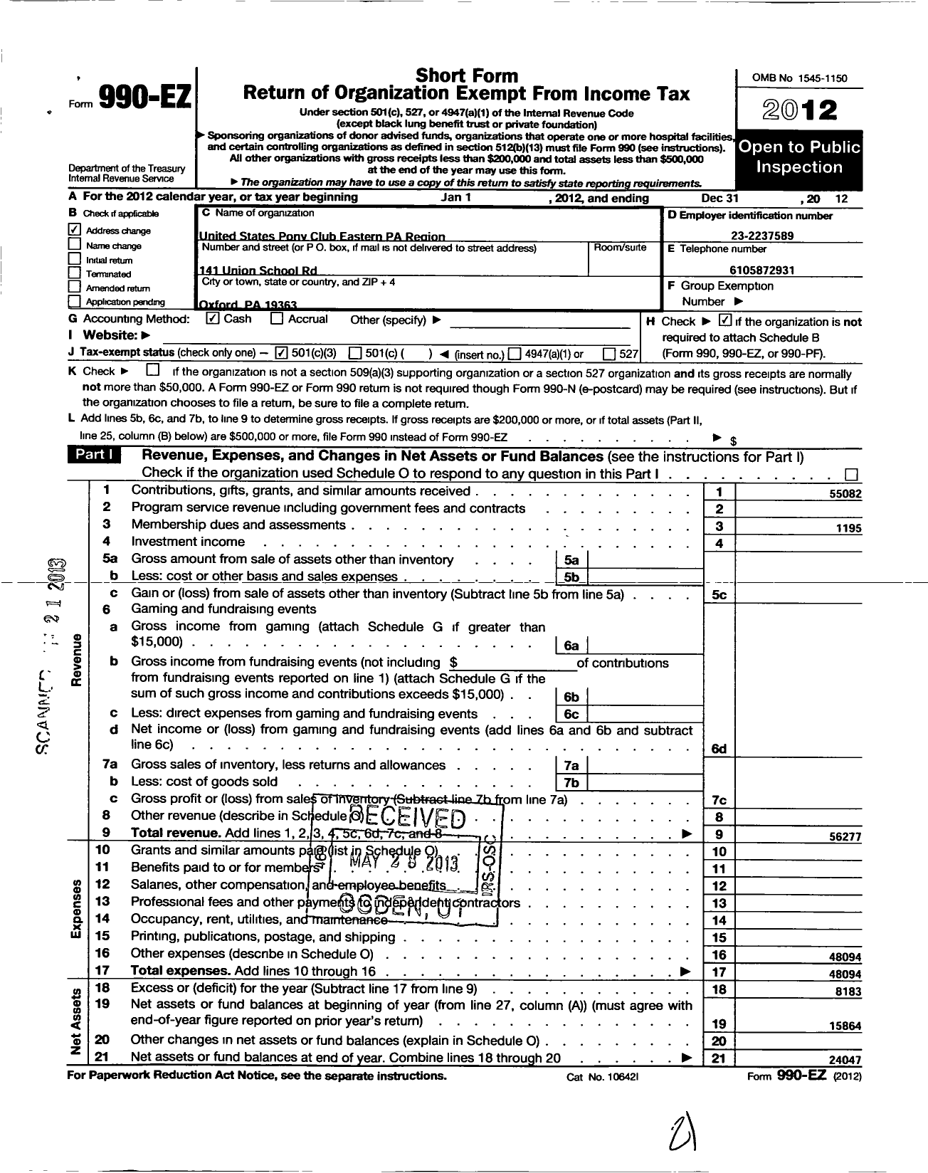 Image of first page of 2012 Form 990EZ for UNITED STATES PONY CLUBS / Eastern Pennsylvania Region