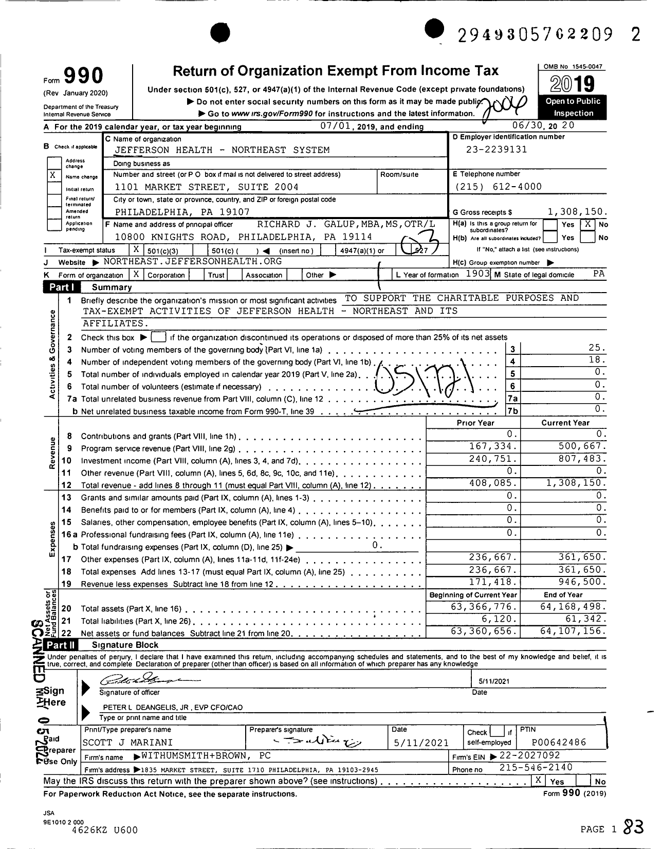 Image of first page of 2019 Form 990 for Jefferson Health - Northeast System