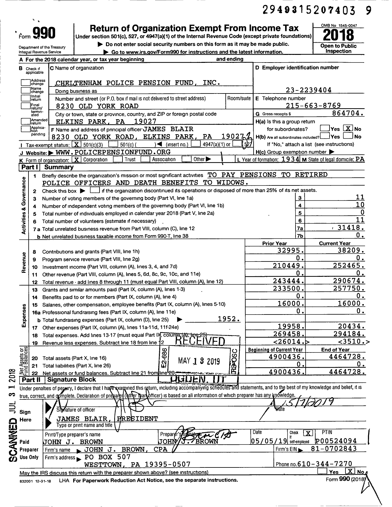 Image of first page of 2018 Form 990 for Cheltenham Police Pension Fund