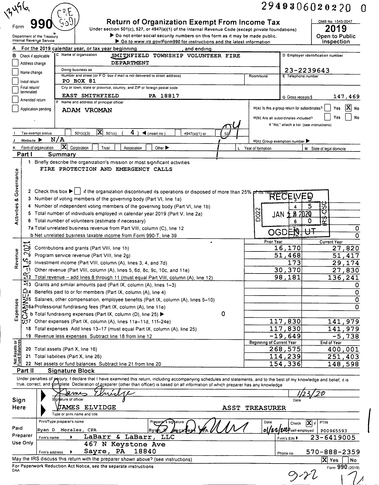 Image of first page of 2019 Form 990O for Smithfield Township Volunteer Fire Department