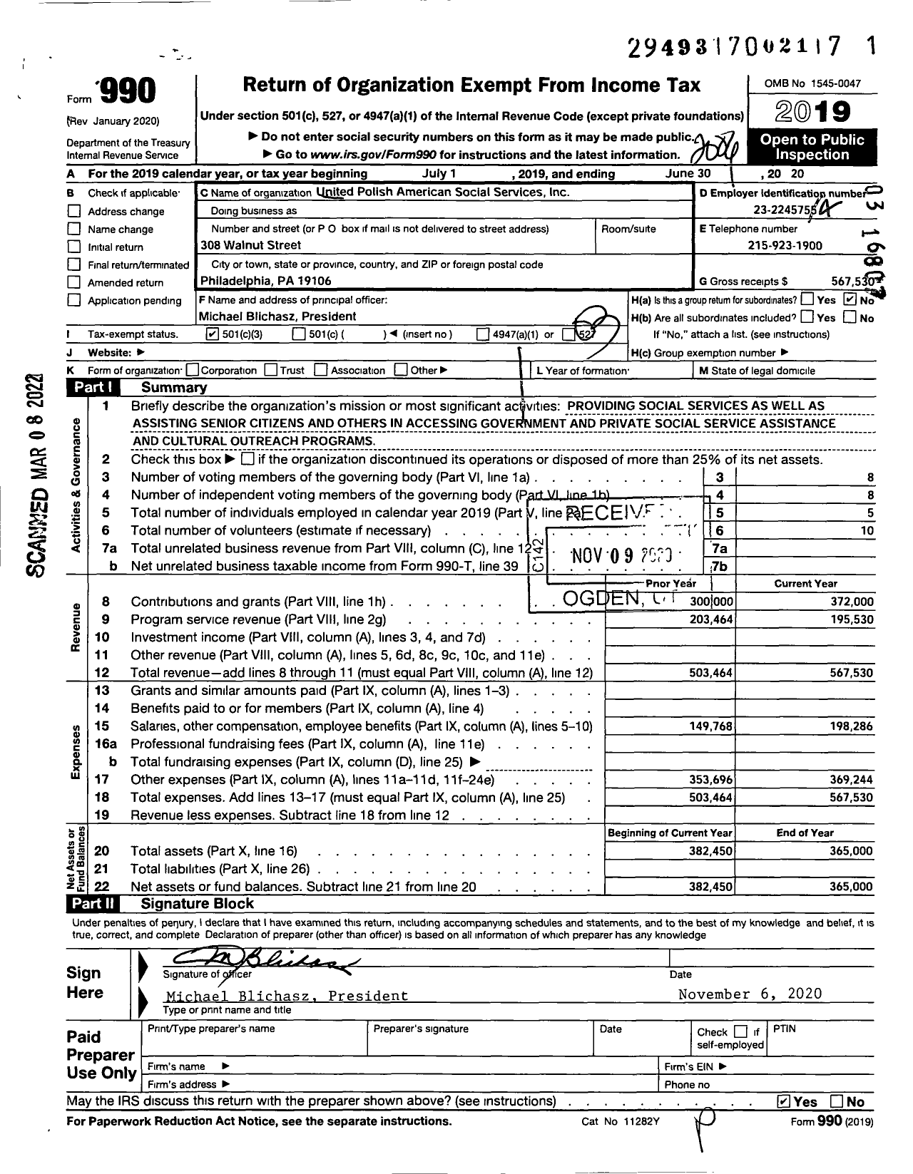 Image of first page of 2019 Form 990 for United Polish American Social Services