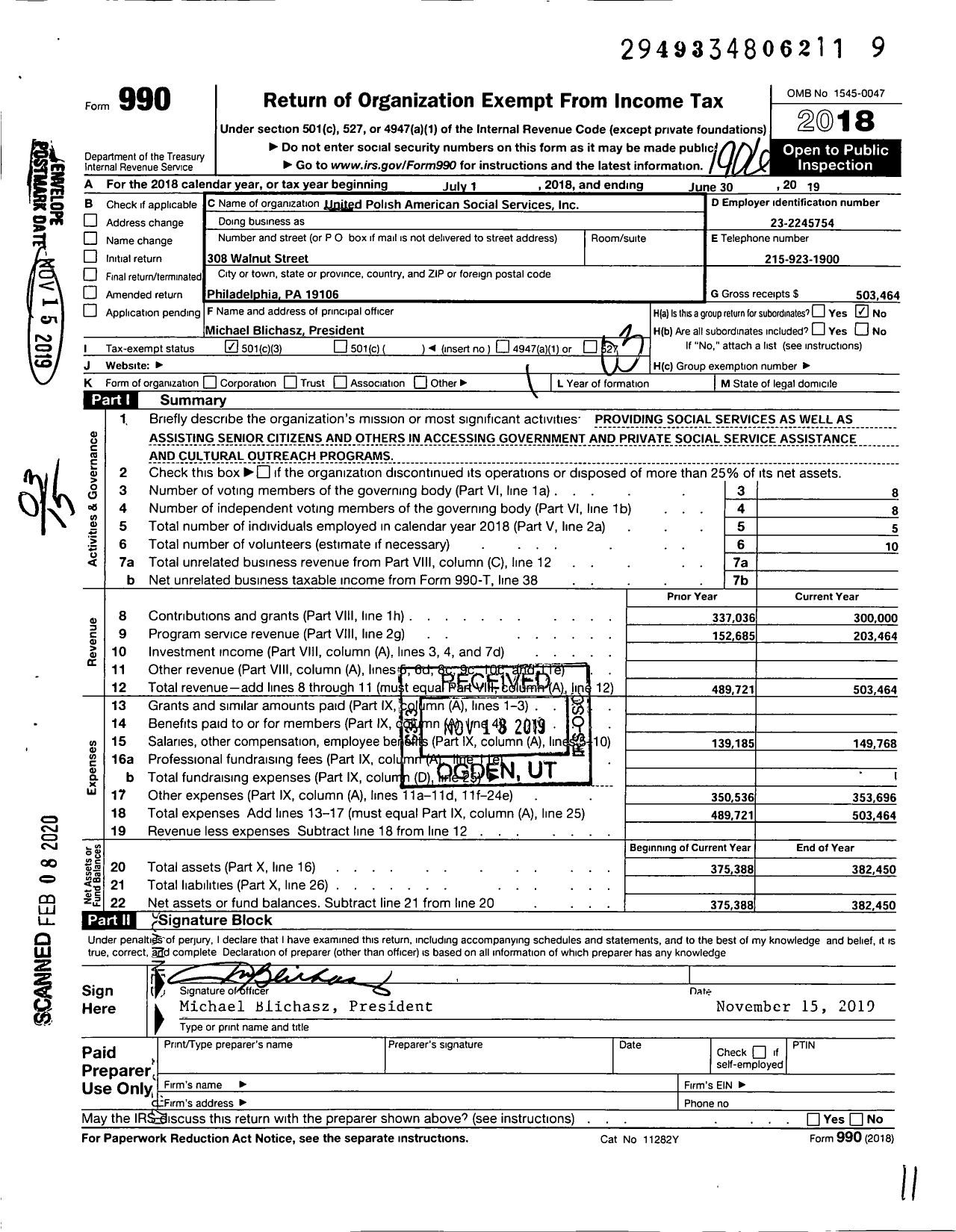 Image of first page of 2018 Form 990 for United Polish American Social Services