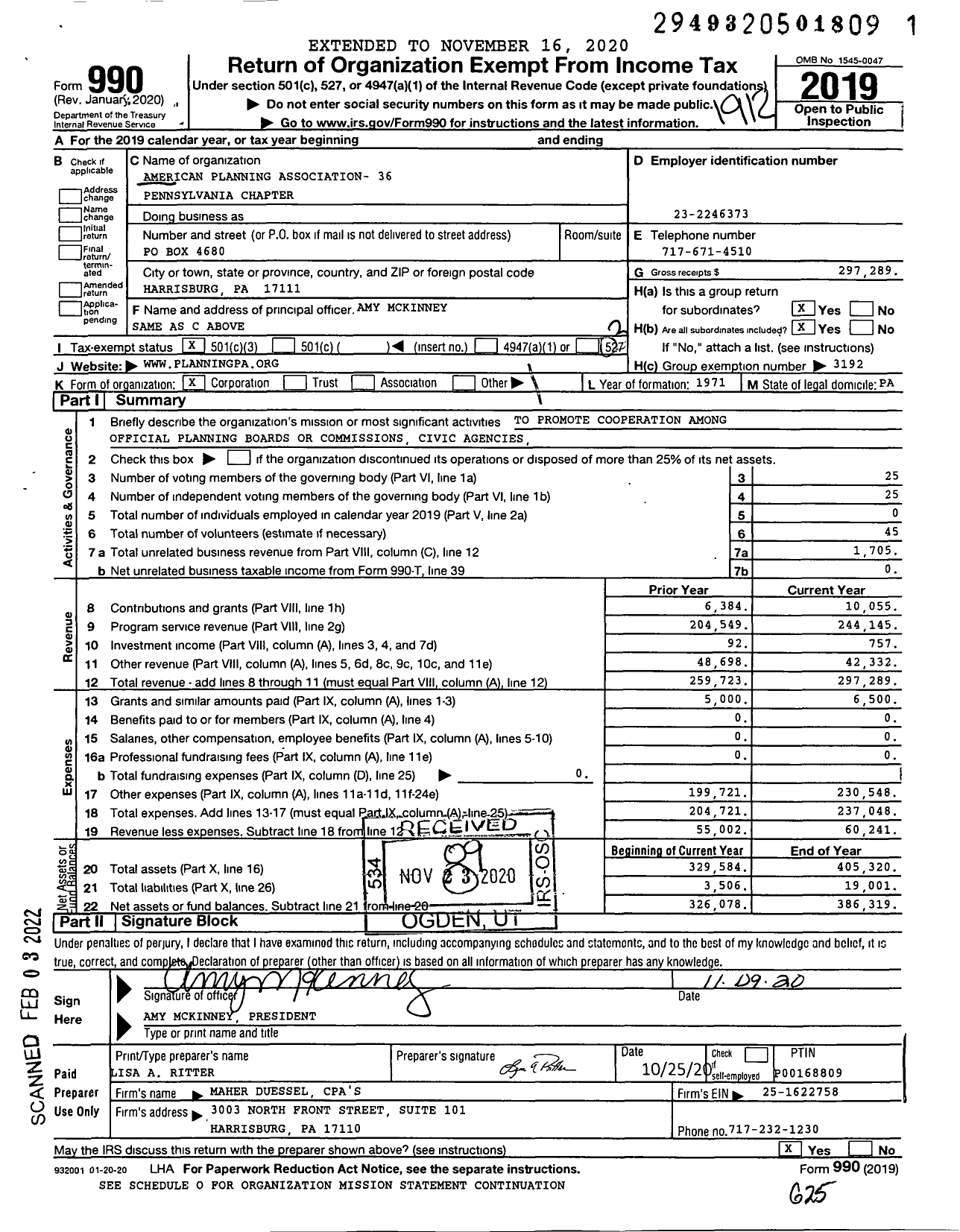 Image of first page of 2019 Form 990 for American Planning Association - 36 Pennsylvania Chapter