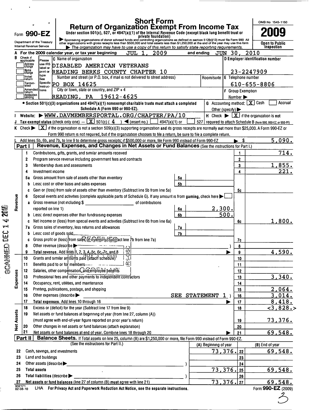 Image of first page of 2009 Form 990EO for Disabled American Veterans - 10 Reading-Berks Co