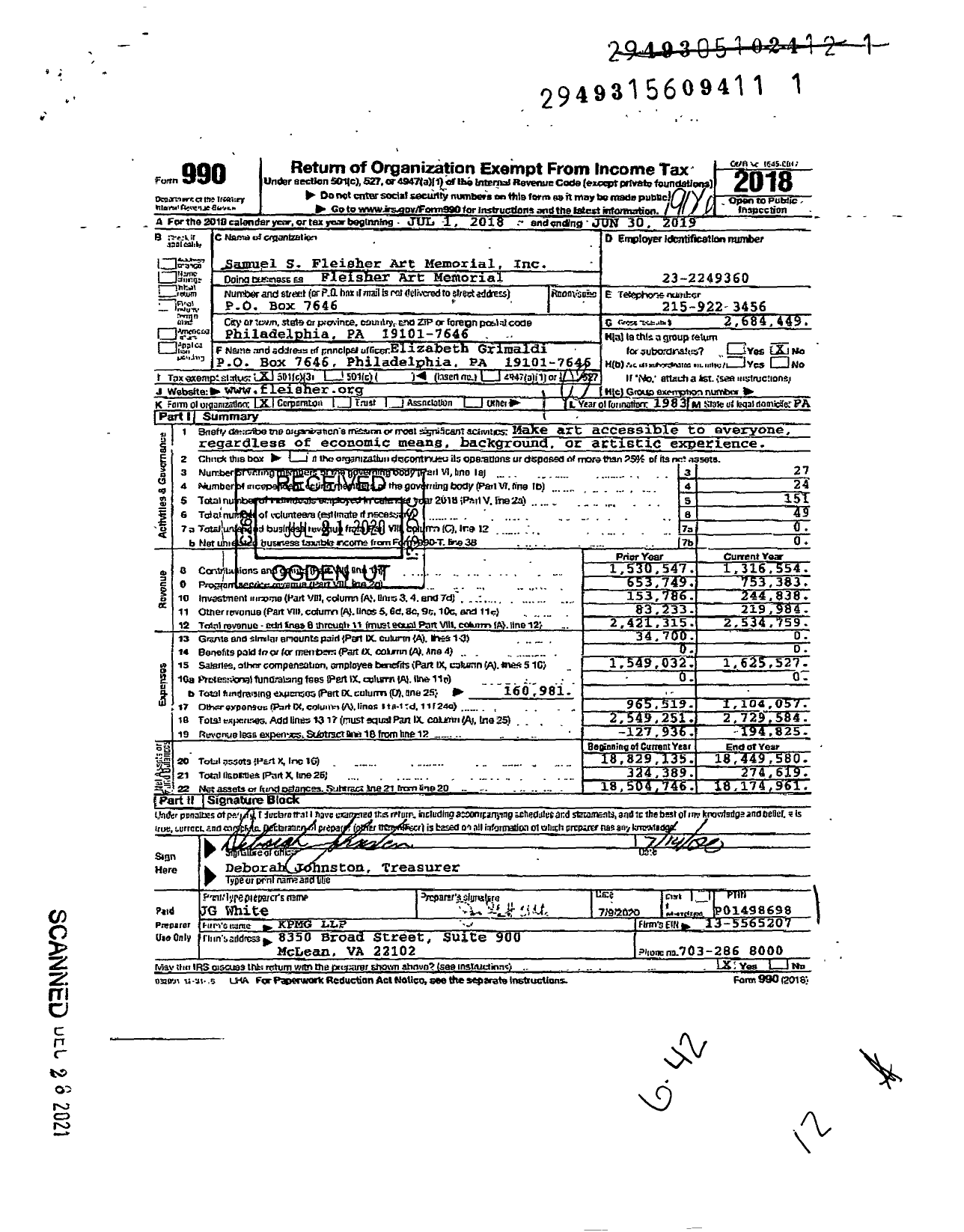 Image of first page of 2018 Form 990 for Fleisher Art Memorial