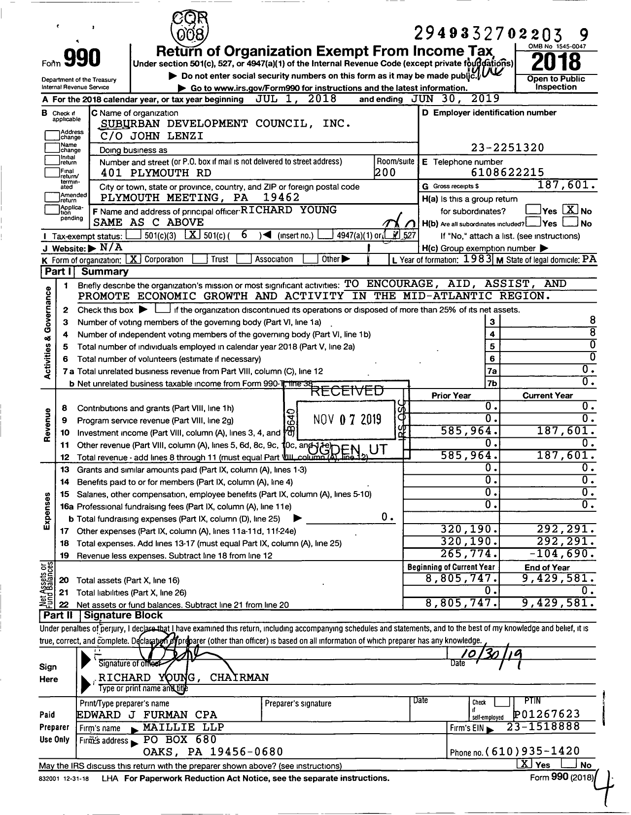 Image of first page of 2018 Form 990O for Suburban Development Council