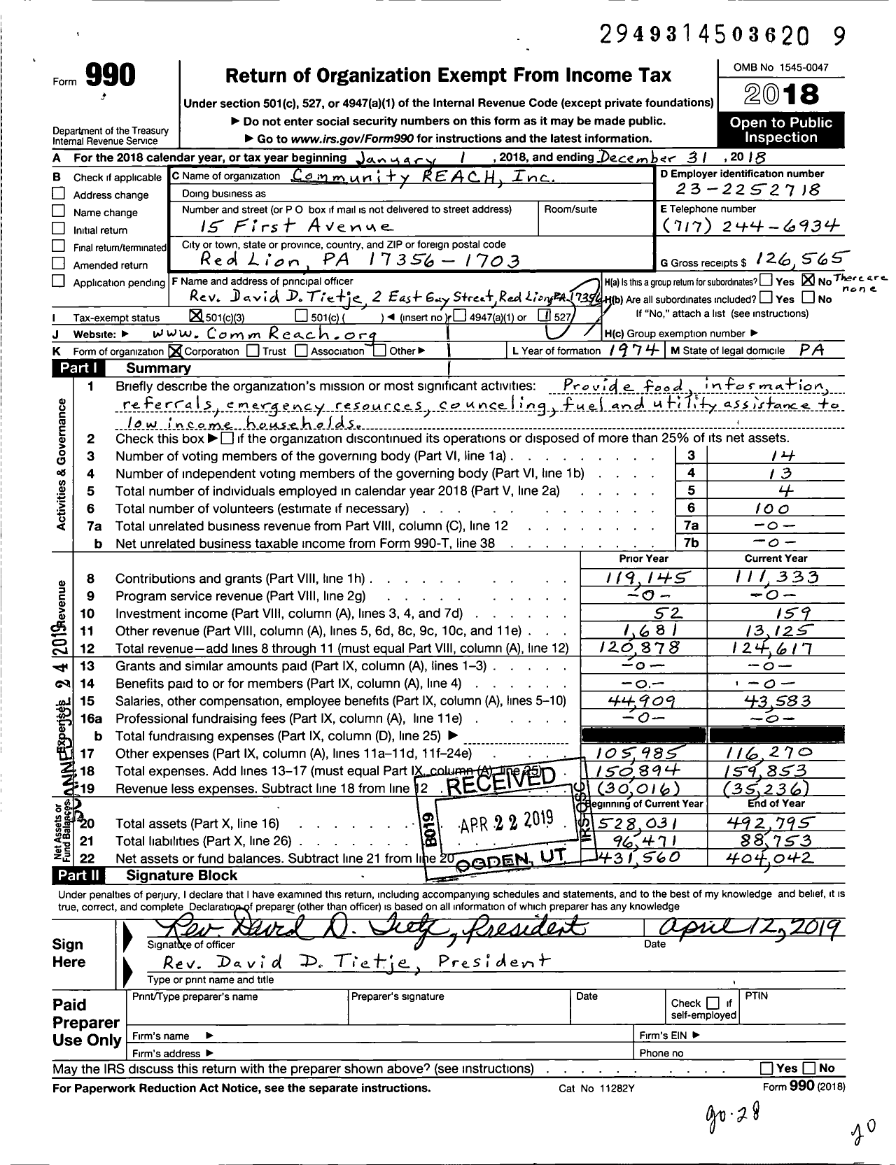 Image of first page of 2018 Form 990 for Community Reach / Red Lion Area Community Services in