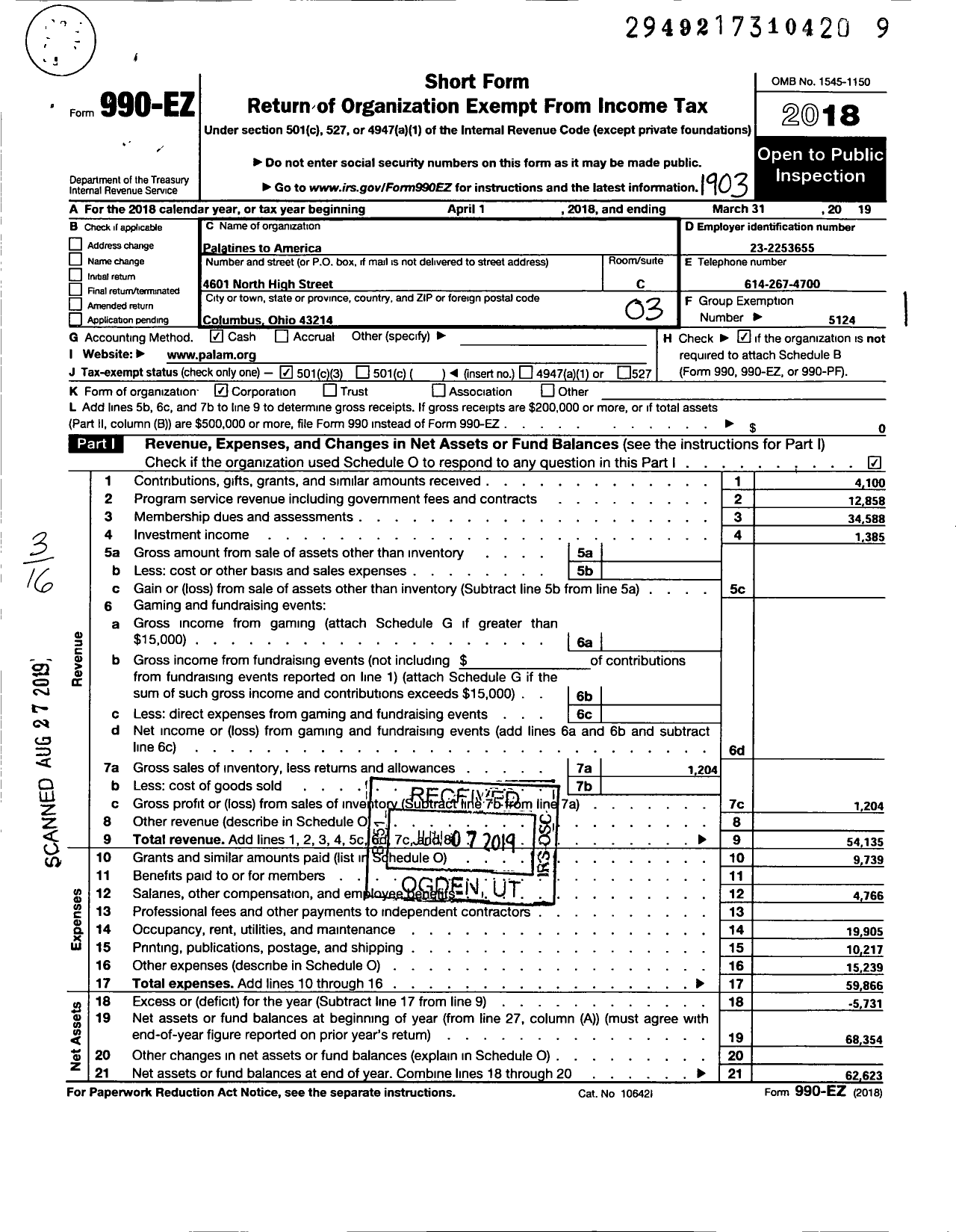 Image of first page of 2018 Form 990EZ for Palatines To America