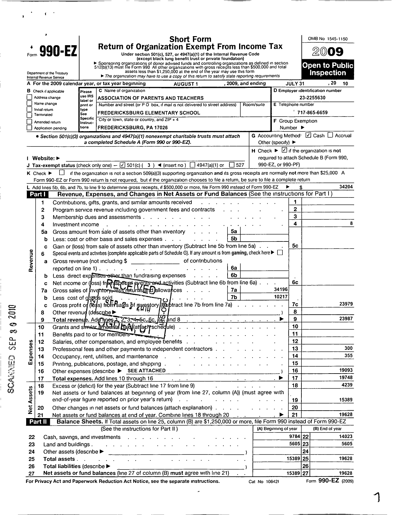 Image of first page of 2009 Form 990EZ for Association of Parents and Teachers