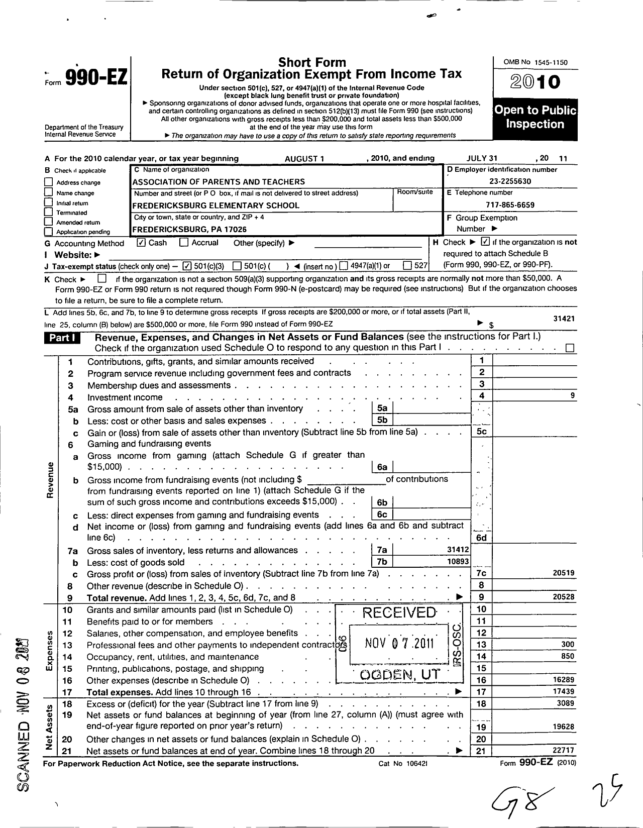 Image of first page of 2010 Form 990EZ for Association of Parents and Teachers