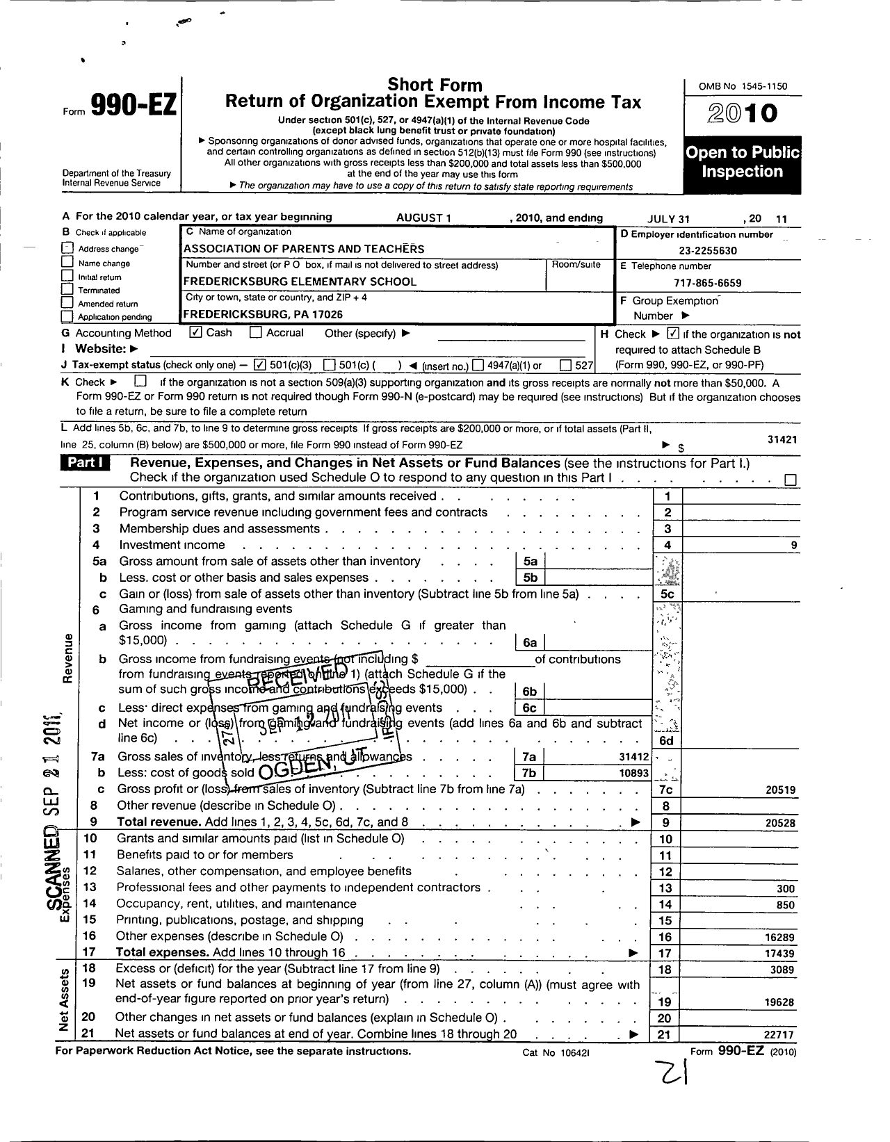 Image of first page of 2010 Form 990EZ for Association of Parents and Teachers