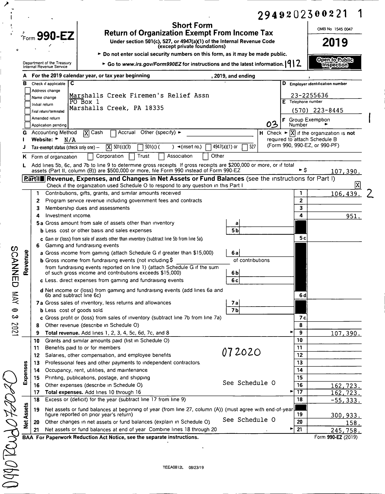 Image of first page of 2019 Form 990EZ for Marshalls Creek Firemens Relief Assn