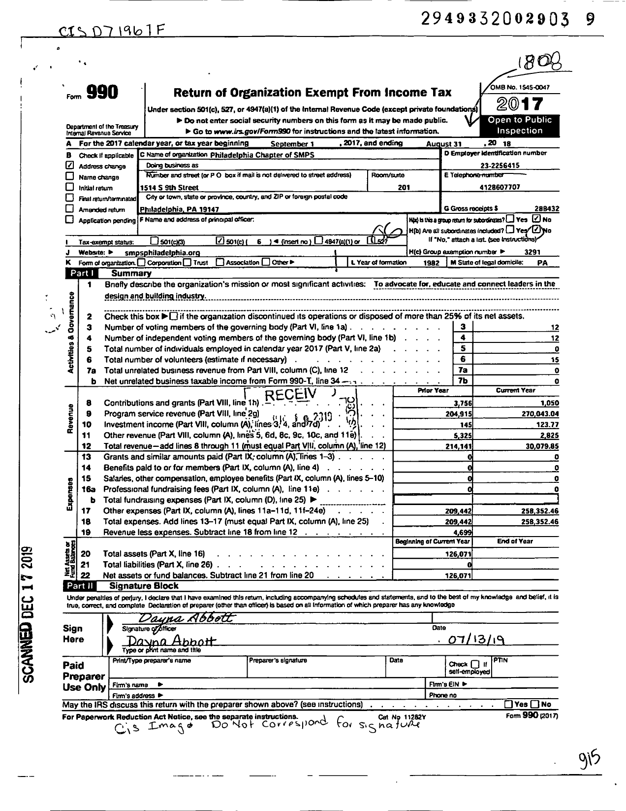 Image of first page of 2017 Form 990O for Philadelphia Chapter of SMPS