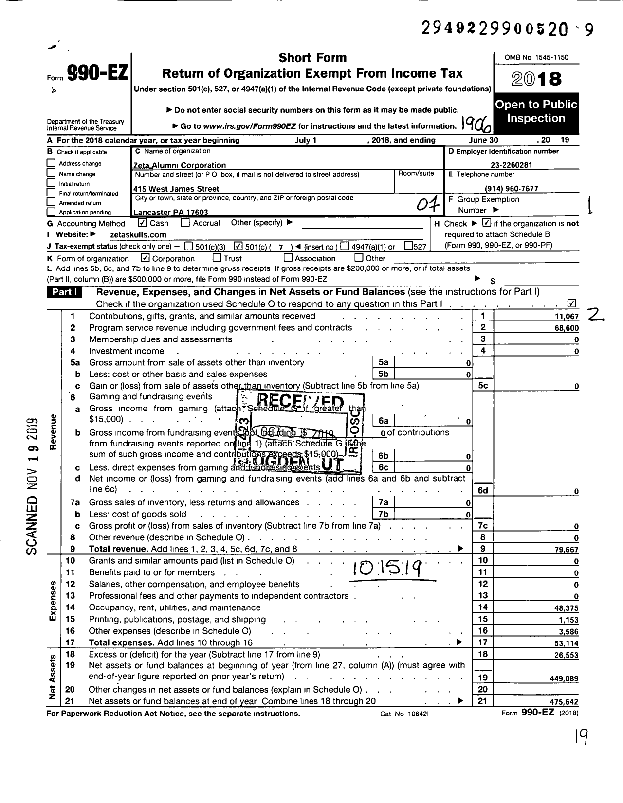 Image of first page of 2018 Form 990EO for Zeta Alumni Corporation