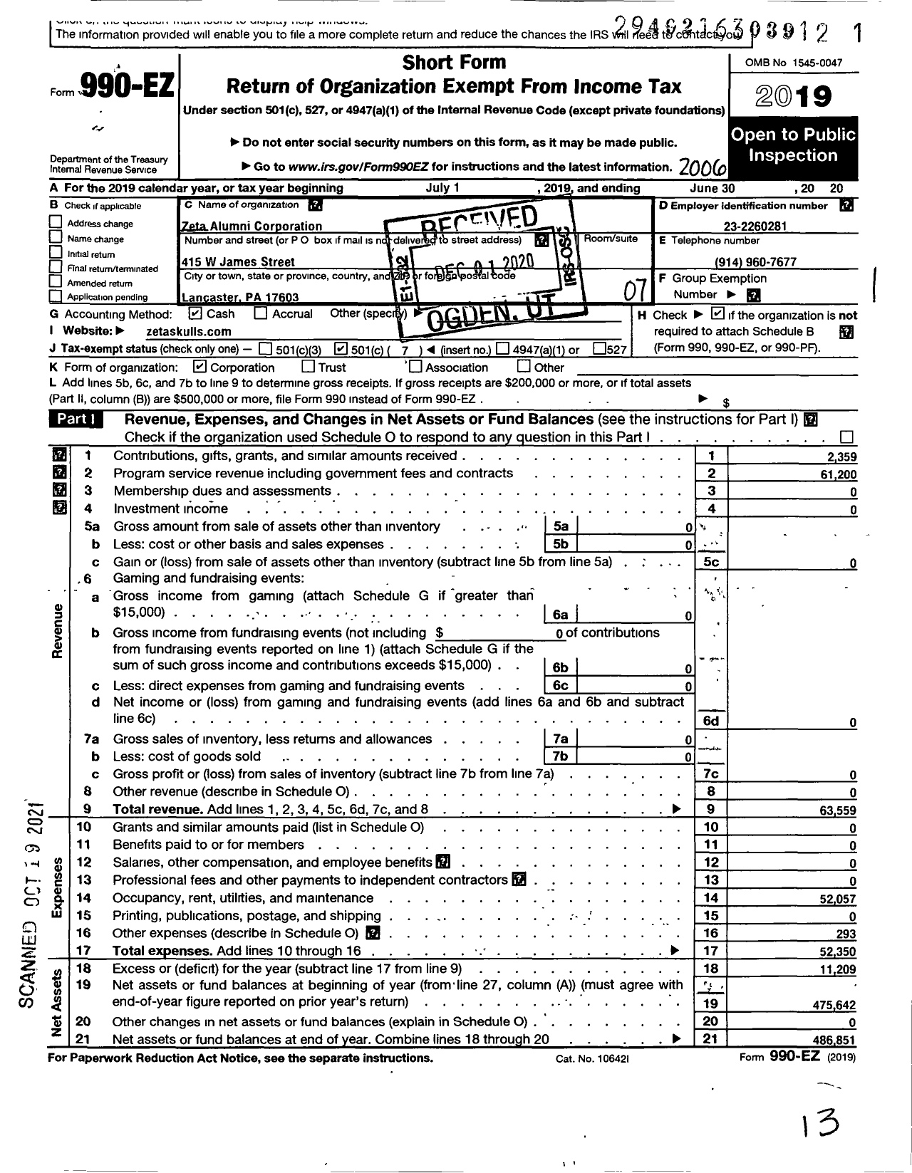 Image of first page of 2019 Form 990EO for Zeta Alumni Corporation