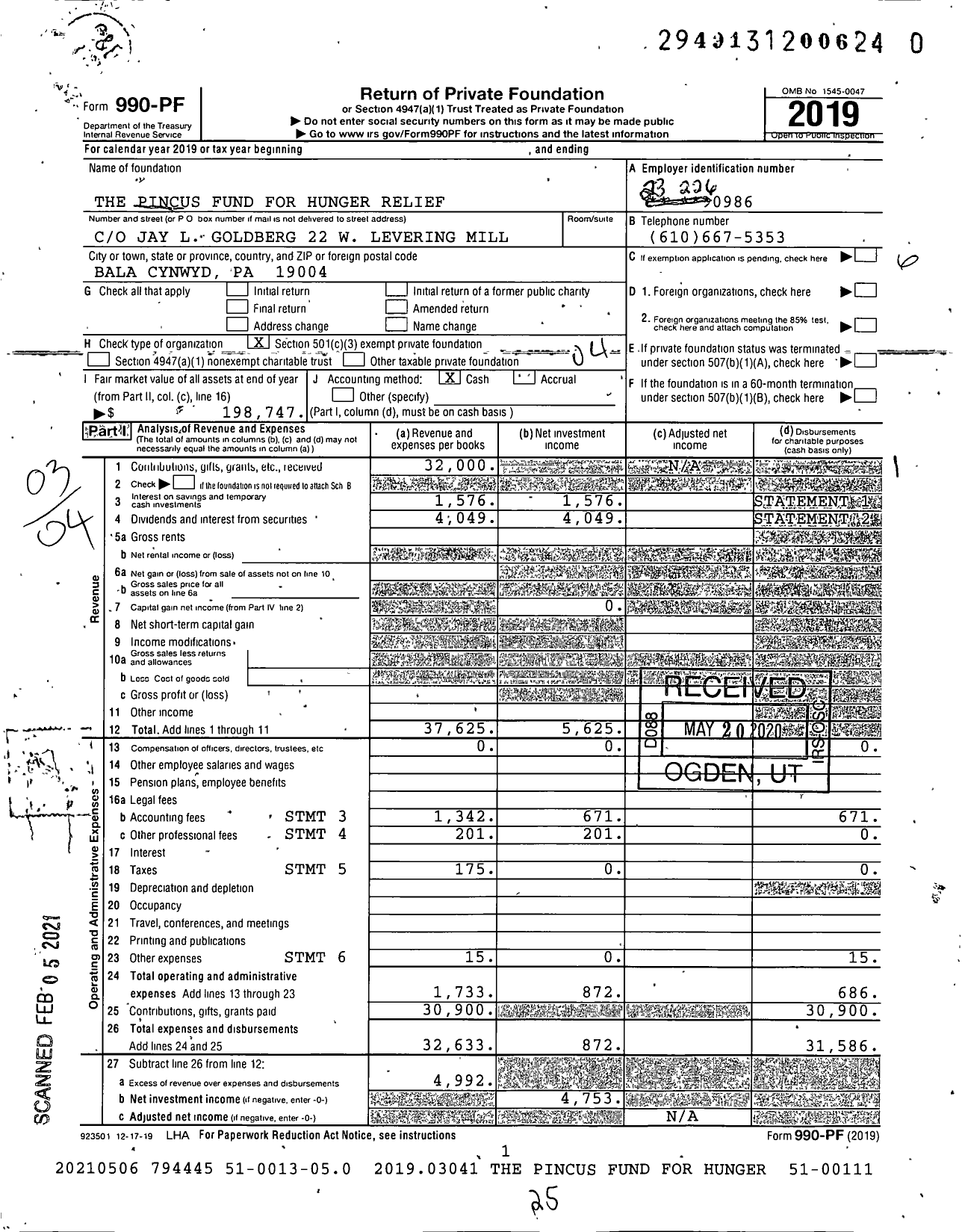 Image of first page of 2019 Form 990PF for The Pincus Fund for Hunger Relief