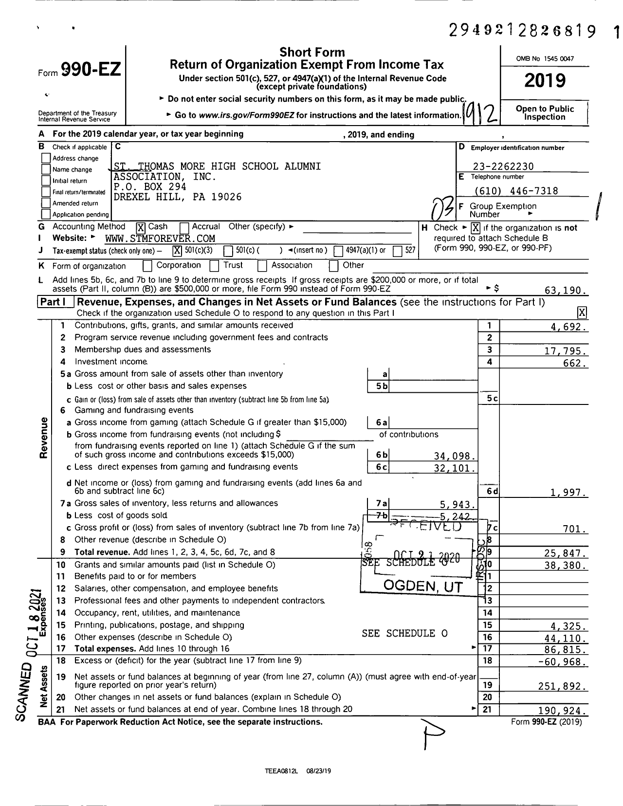 Image of first page of 2019 Form 990EZ for St Thomas More High School Alumni Association